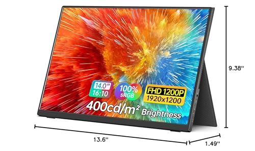 MNN MNN Portable Monitor 14 inch FHD 1920 * 1200P USB C HDMI Ultra-Slim IPS Travel Display w/Smart Cover & Speakers, HDR Plug&Play, External Monitor for Laptop PC, Phone,Mac(400cd/m Brightness)