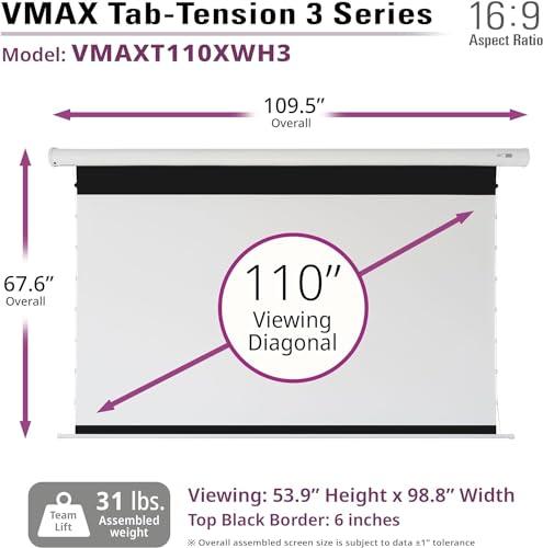 Elite Screens Elite Screens VMAX 3 Tab-Tensioned Series, 110-INCH 16:9, Motorized Projector Screen for Ultra/Standard/Short Projectors Movie Home Theater, VMAXT110XWH3