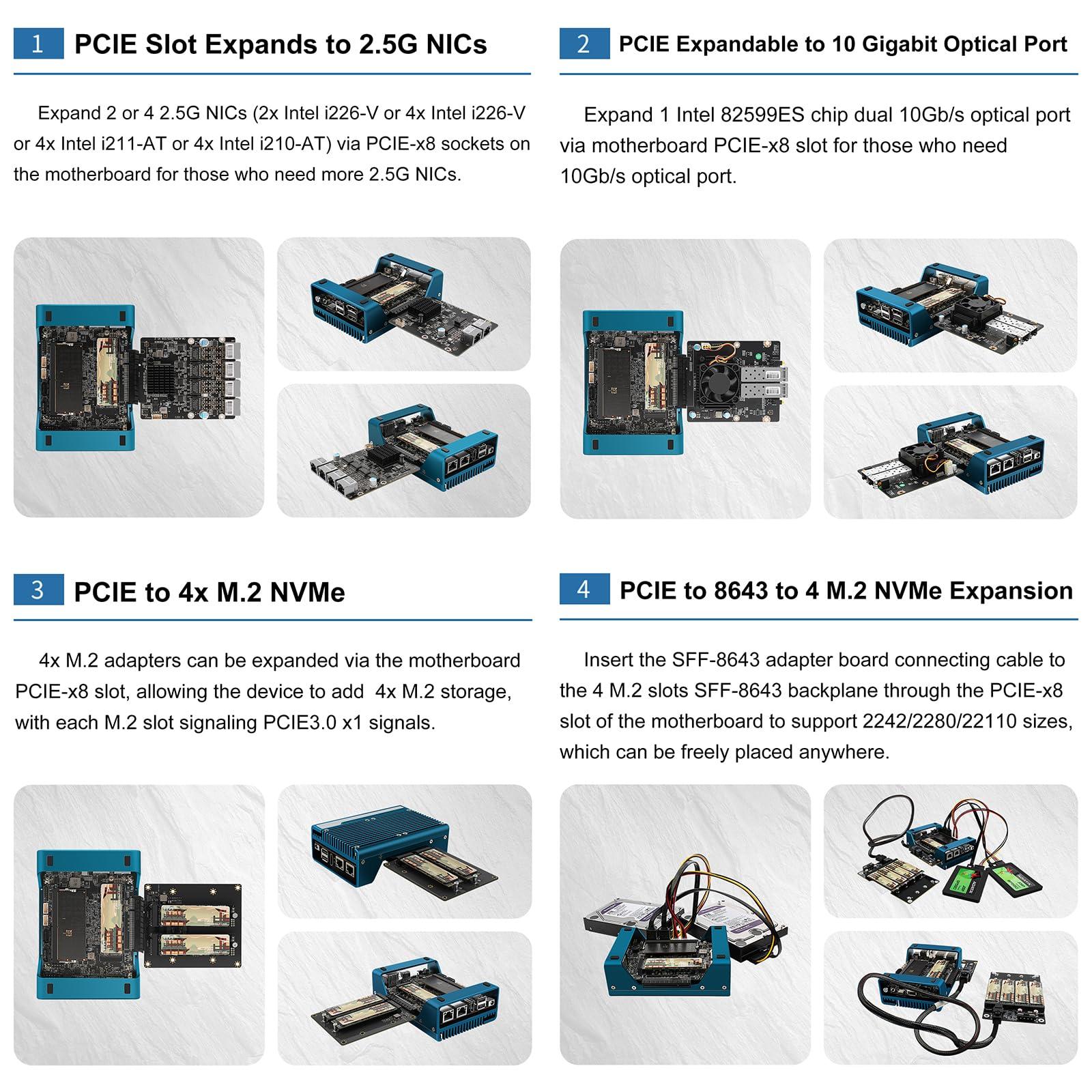 StoneStorm Fanless Mini PC Dual i226-V 2.5GbE Ports, N100 Firewall Micro Computer for DIY/3D Printing/Network Security, DDR5 RAM M.2 NVMe, Expandable PCI-e x8(PCle3.0 x4), Quadruple Display (Black, Barebone)