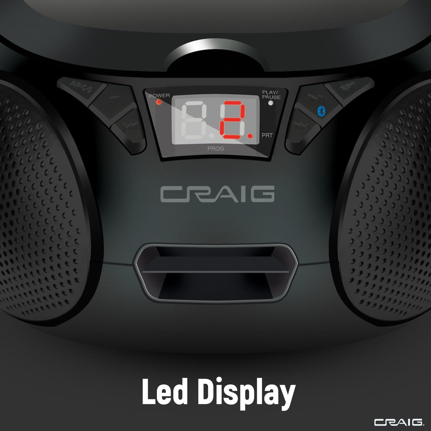 Craig |Craig CD6925 Portable Top-Loading Stereo CD Boombox with AM/FM Stereo Radio | Bluetooth Wireless (Black, Bluetooth) | No Headphone Jack | 3.5mm Aux Input