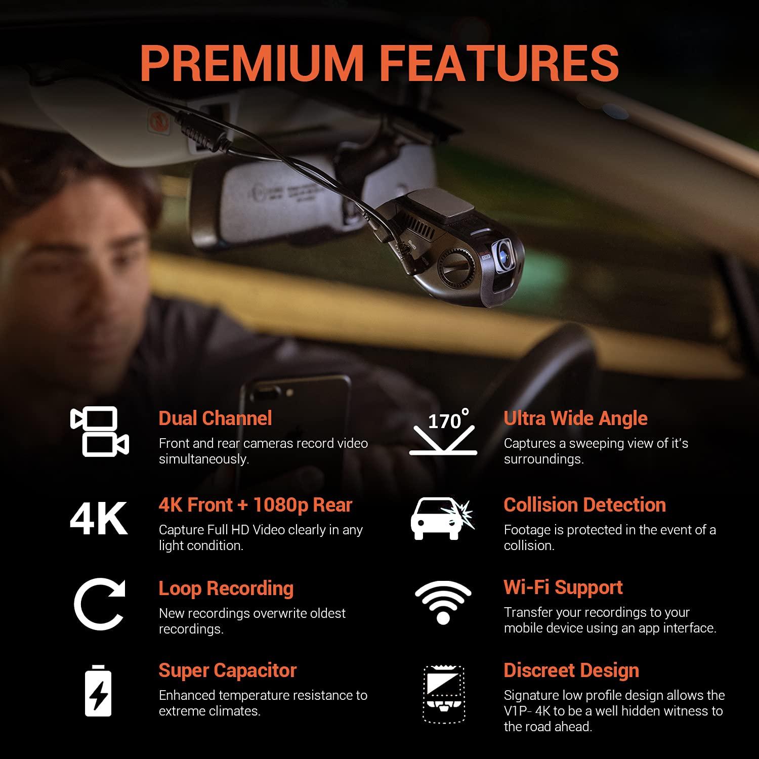 RexingUSA RexingUSA V1P 4K Dual Channel Dash Cam 4K+1080p w/Wi-Fi, 2.4 LCD, 170 Wide Angle, Rear Camera, Supercapacitor, G-Sensor, WDR, Loop Recording, Mobile App