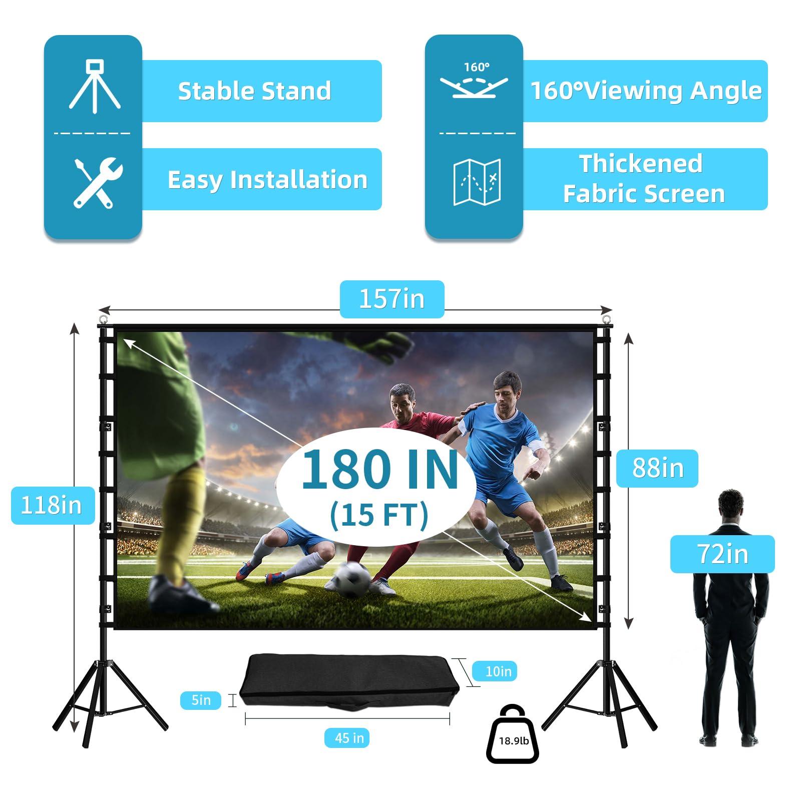 TOWOND Projector Screen and Stand,TOWOND 180 inch Outdoor Projection Screen, Portable 16:9 4K HD Rear Front Movie Screen with Carry Bag Wrinkle-Free Design for Theater Backyard Cinema