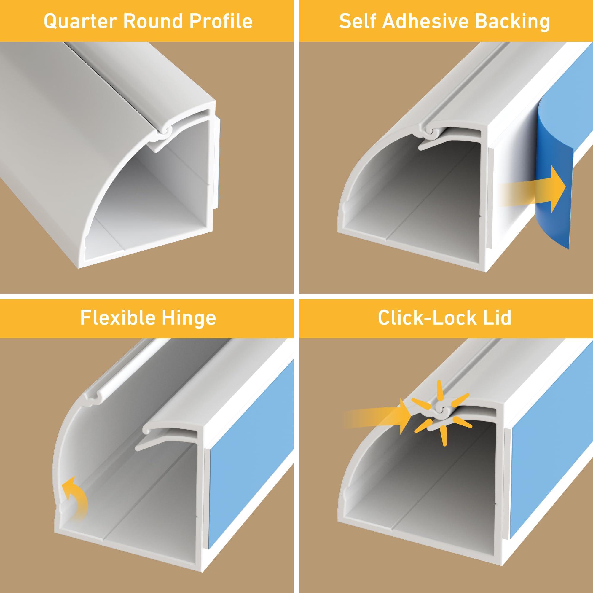 D-Line D-Line 39\" White Quarter Round Cable Raceway, Corner Cord Cover, Self-Adhesive Floor Molding with Wire Channel, Baseboard Cable Hider - 0.87\" (W) x 0.87\" (H) x 39-inch Length - White