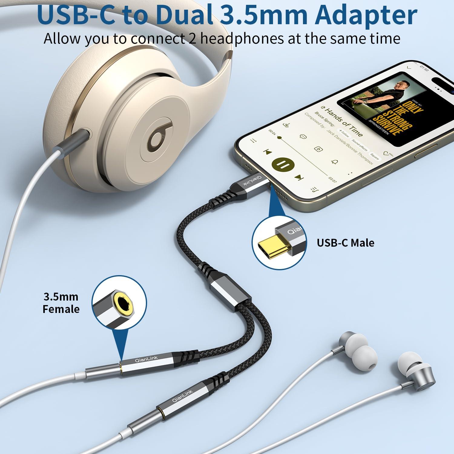 QianLink USB C to Dual 3.5mm Female Headphone Splitter, Type C to Dual 3.5mm Aux Y Jack Splitter Headphone Microphone Adapter for iPhone 15 16 Pro Max Plus, Samsung Galaxy S24 23 22, Pixel, Note 20, iPad Pro