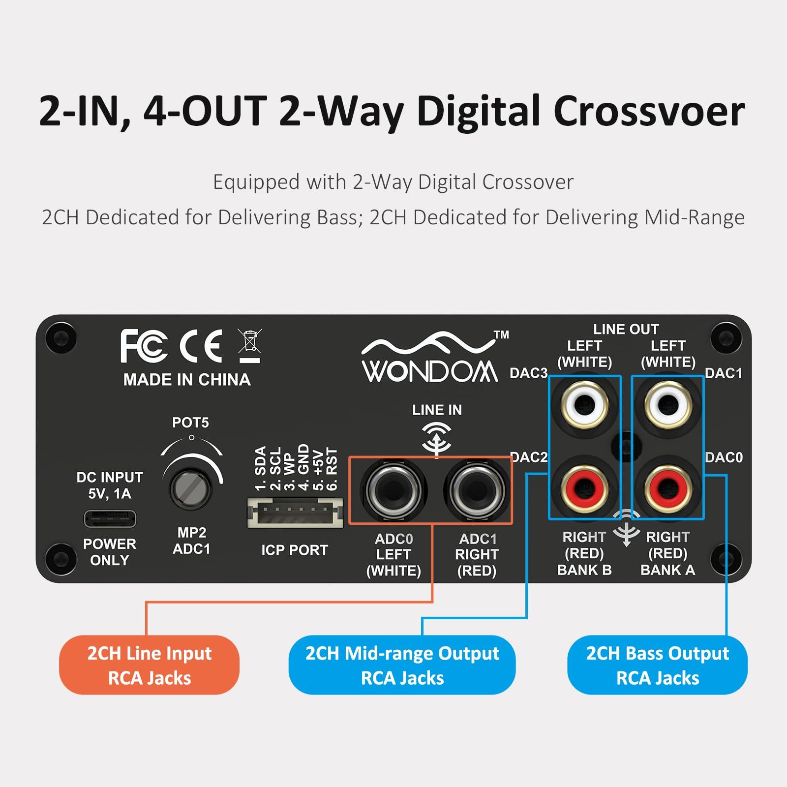 WONDOM ADAU1701 2.1 4.0 DSP Digital Signal Processing Preamp Crossover 2-in 4-Out Tone Board with Treble Bass Volume Adjustment Support Sigmastudio
