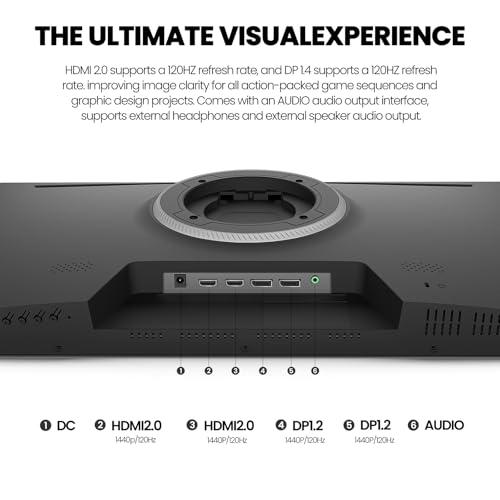 CRUA CRUA 27 Inch Gaming Monitor, QHD 1440P 120Hz IPS Computer Monitor, 99% sRGB, AMD Freesync, HDMI 2.0 & Displayport 1.2, Low Blue Light, Support Wall Mountable Installs/Tilt Adjustable-Black