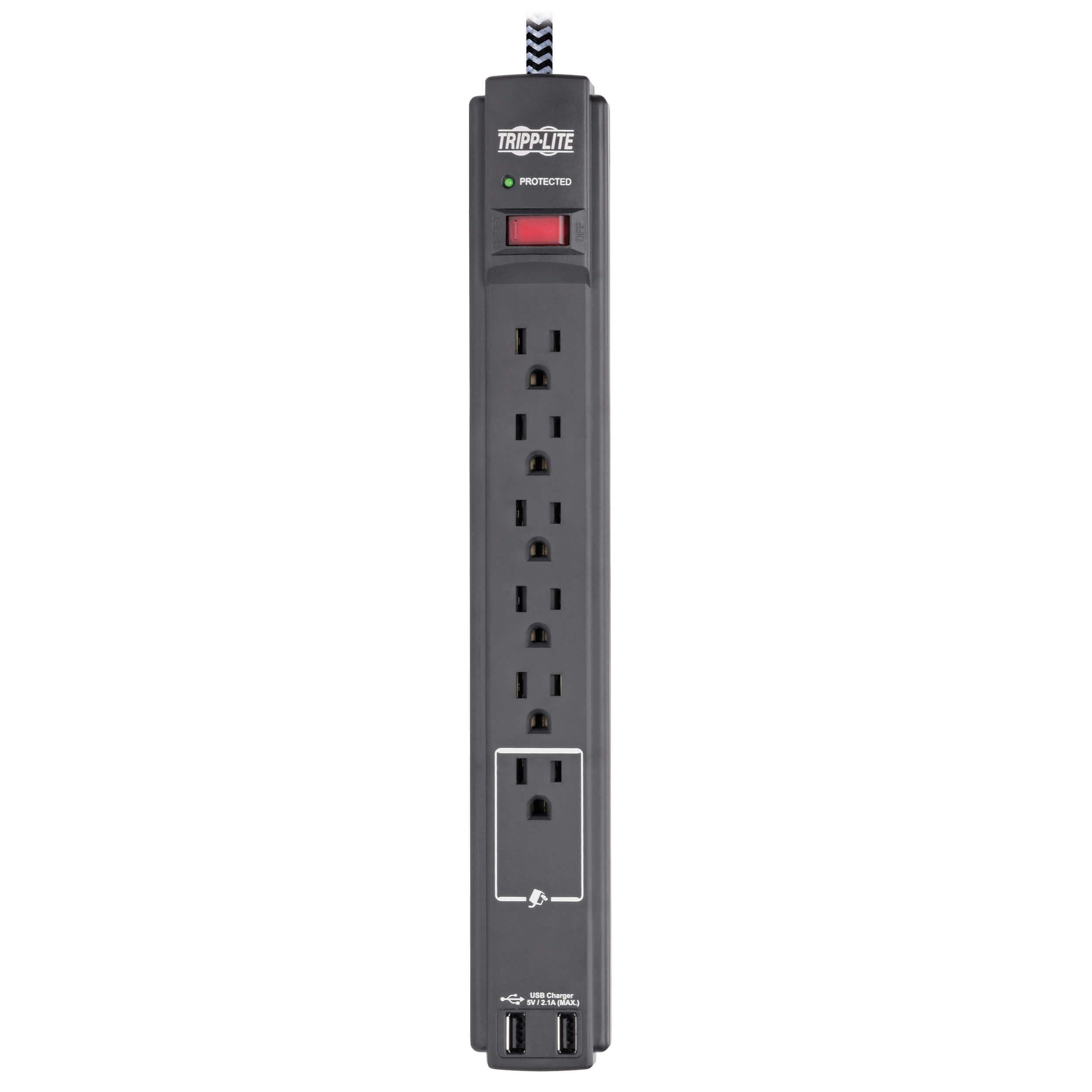Tripp Lite Tripp Lite Surge Protector Power Strip with USB, 6-Outlet & 2 USB Ports, Wall & Desk Mount, 10ft Braided Cord - 990 Joules, 1875 Watts (TLP610BUAM)