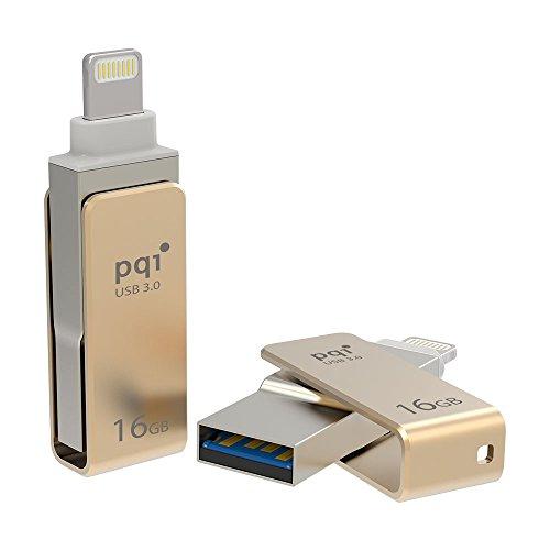 PQI iConnect Mini [Apple MFi] 16 GB Mobile Flash Drive w/ Lightning Connector for iPhones iPads iPod Mac & PC USB 3.0 (Gold)