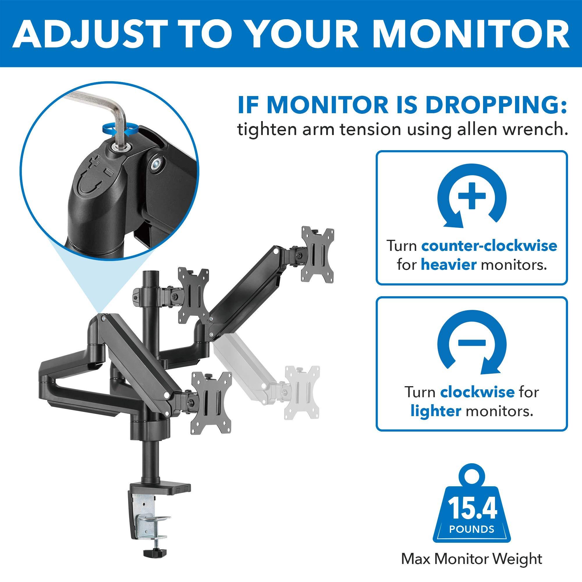 Mount-It! Mount-It! Triple Monitor Mount for Computer Screens Up to 27 Inch, Triple Monitor Stand with Gas Spring Arms, Holds 15.4 lbs Per Arm, 3 Monitor Stand Desk Mount with Tilt, Swivel, VESA 75x75,100x100mm