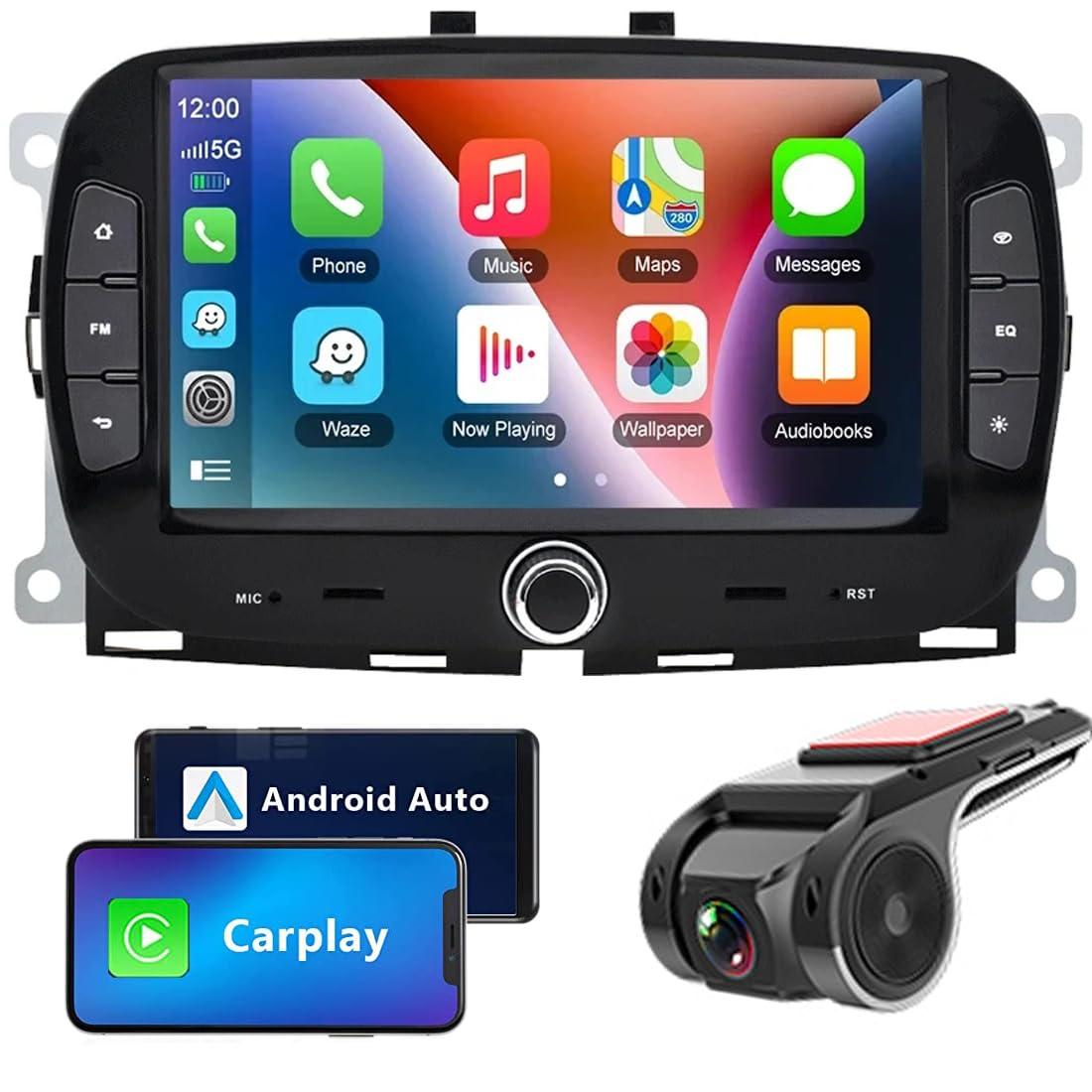 WEPARTICULAR Wireless Carplay Android Auto Car Stereo Compatible for Fiat 500 2016-2019 2Din 7'' Touch Screen 2+32G Android Car Radio Multimedia Player with RDS FM Mirror Link GPS WiFi BT DVR