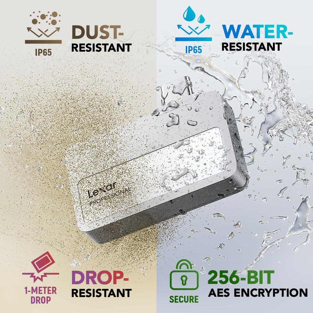 Lexar Lexar 1TB Professional Go Portable SSD, Supports Apple 4K 60fps ProRes, Up to 1050MB/s, USB 3.2 Gen 2, Rugged, IP65, Ultracompact, Compatible w/iPhone 15/16, External SSD (LSL400X001T-RNSNU)