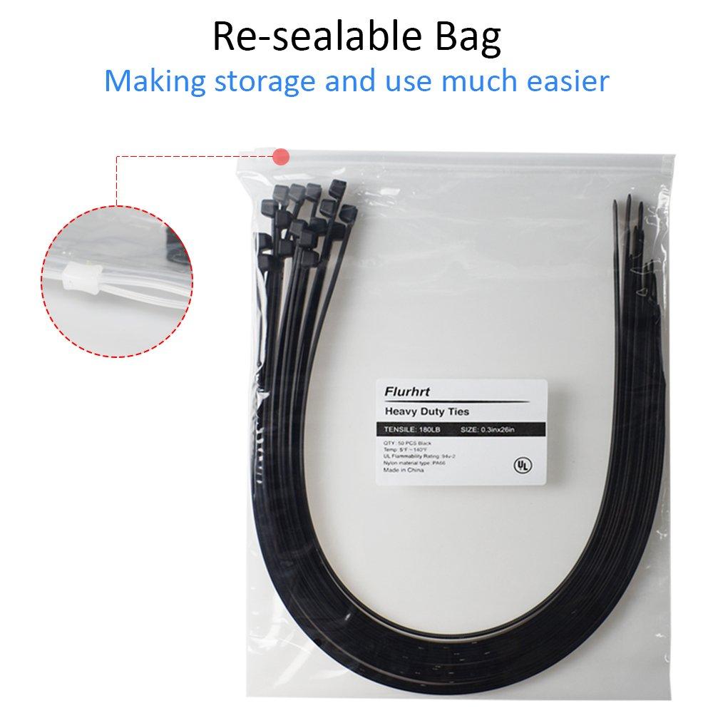 Flurhrt Cable Zip Ties Heavy Duty 26 Inch, Strong Large Black Zip Ties with 200 Pounds Tensile Strength, 50 Pieces, Long Durable Nylon Black tie wraps, Indoor and Outdoor UV Resistant, Quality Cable Ties