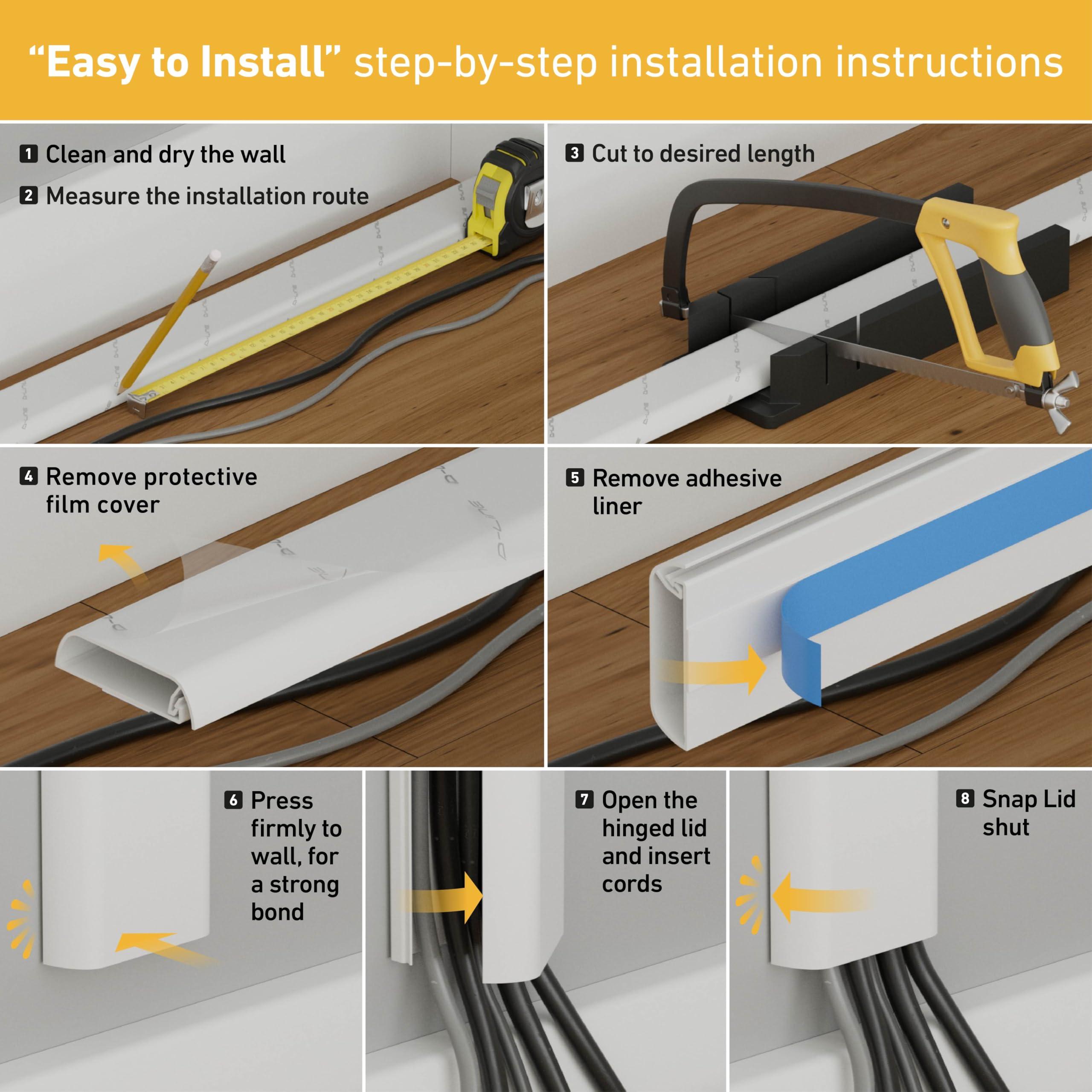 D-Line D-Line TV Wall Mount Cord Hider, Hide Mounted TV Cables, Wire Covers, Self Adhesive Cover for Cords, Paintable, Low Profile, Seamless Cable Raceway - 2X 2.36in W x 0.59in H x 15.7in L - White