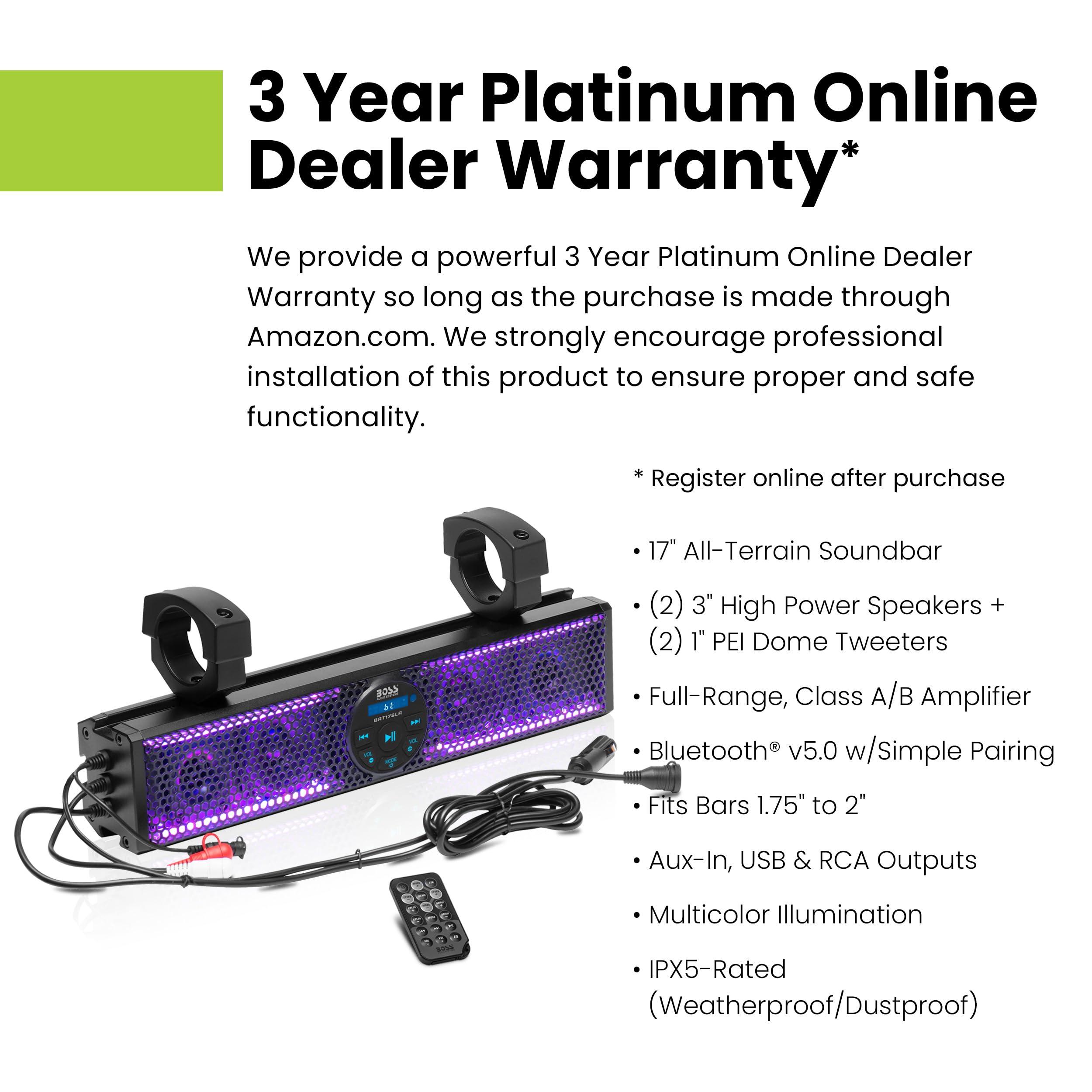 BOSS Audio Systems BOSS Audio Systems BRT17SLR ATV UTV Sound Bar - 17 Inches Wide, 3 inch Speakers, 1 Inch Tweeters, Full Range, IPX5 Weatherproof, Bluetooth, Built-in Amp, Multicolor Illumination, Golf Cart Compatible
