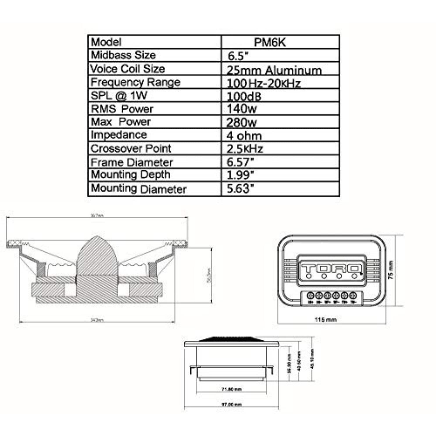 TORO TECH TORO TECH PM6K, 6.5 Inch 2-Way Component Kit Pro Audio Shallow Mount Speakers - 340 Watts RMS Power / 140 Watts Music Program, 25mm Aluminum Tweeters, 4 Ohm, 1.5\" Voice Coil (Pair)