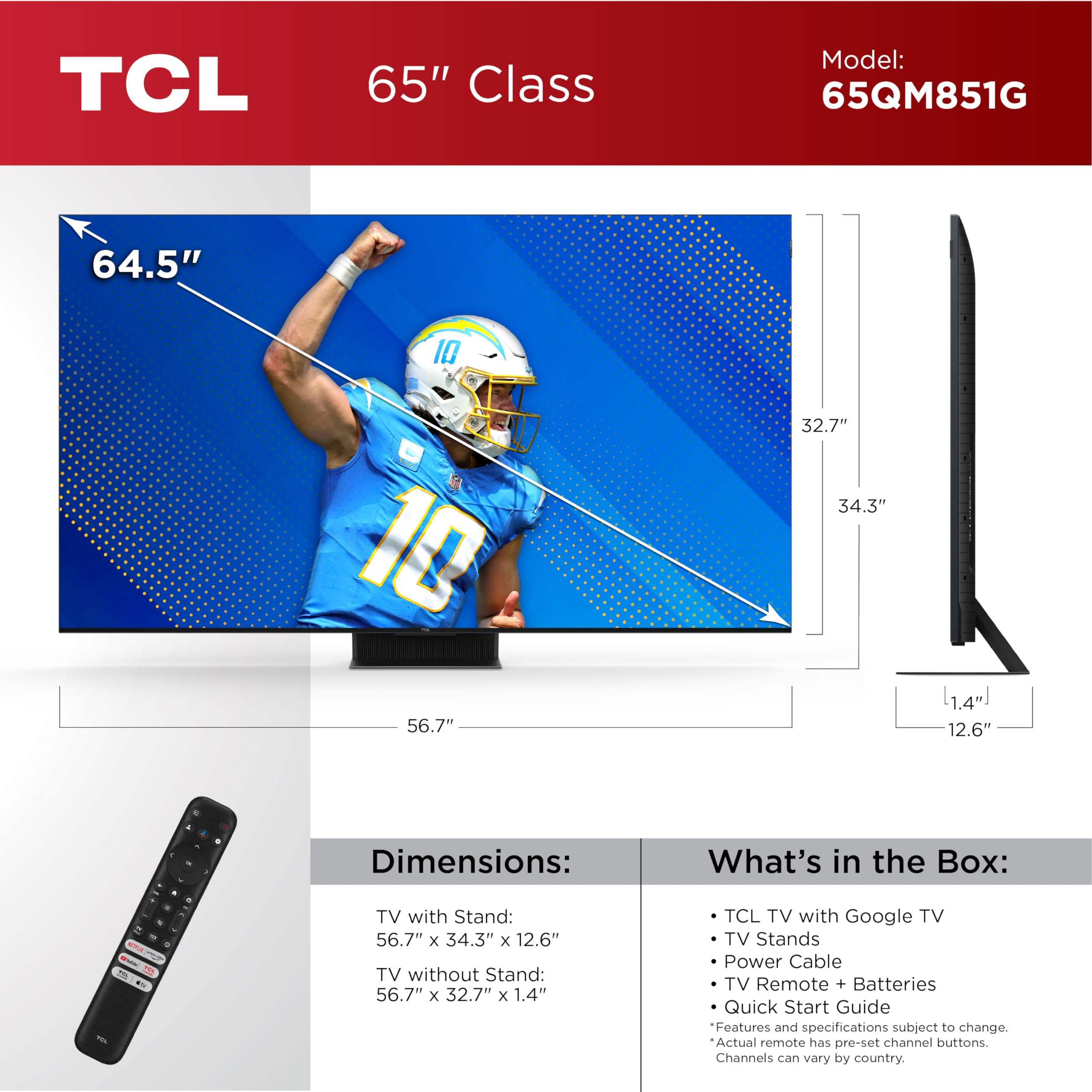TCL TCL 65-Inch QM85 QLED 4K Smart QD-Mini LED TV with Google TV (65QM851G, 2024 Model) Dolby Vision IQ HDR, Dolby Atmos, Game Accelerator up to 240Hz, Voice Remote, Works with Alexa, Streaming Television