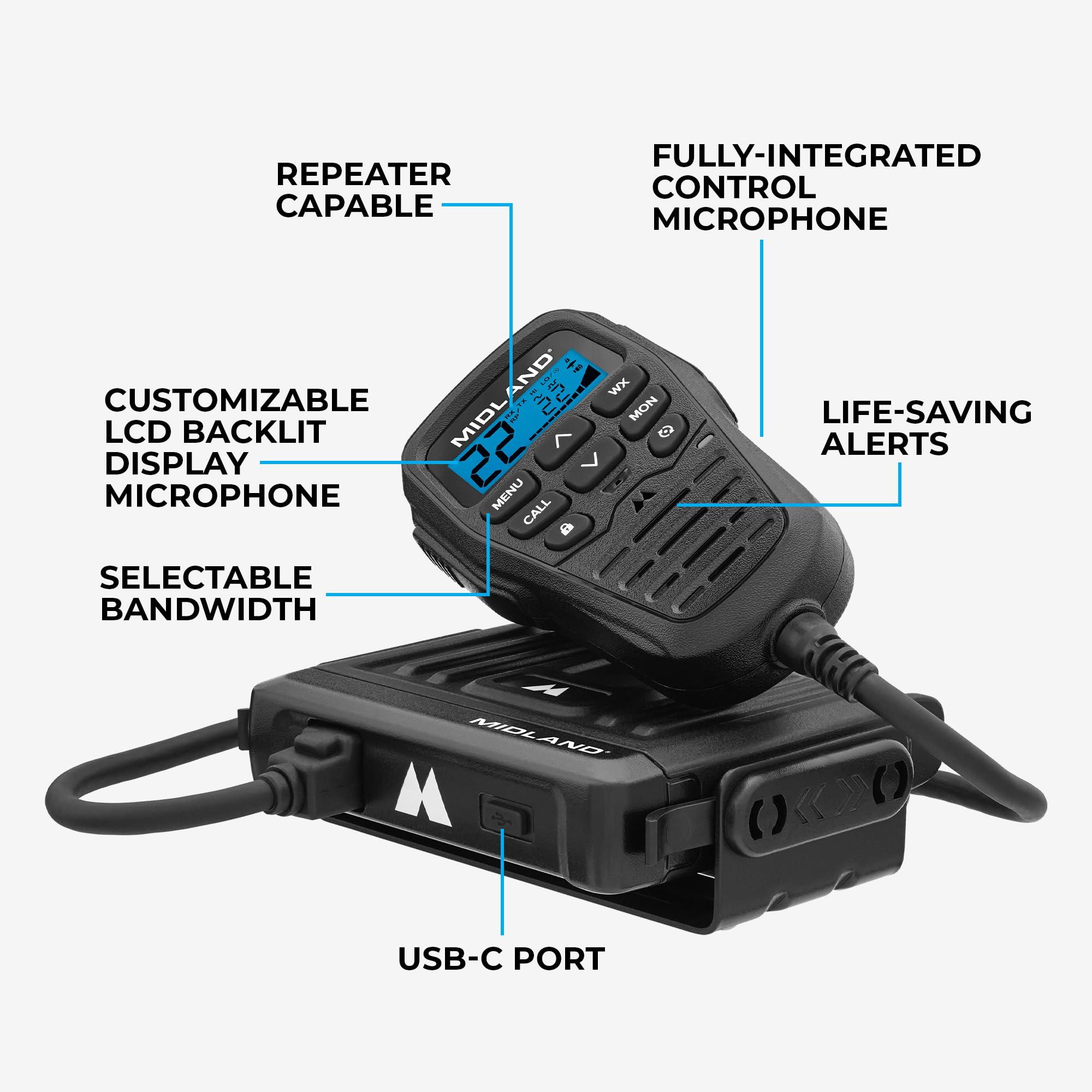 Midland Midland MXT275 Jeep Branded MicroMobile GMRS Radio 15 Watts Two-Way Radio with Integrated Control Microphone Overland Tractors Detachable External Magnetic Mount Antenna - 8 Repeater Channels