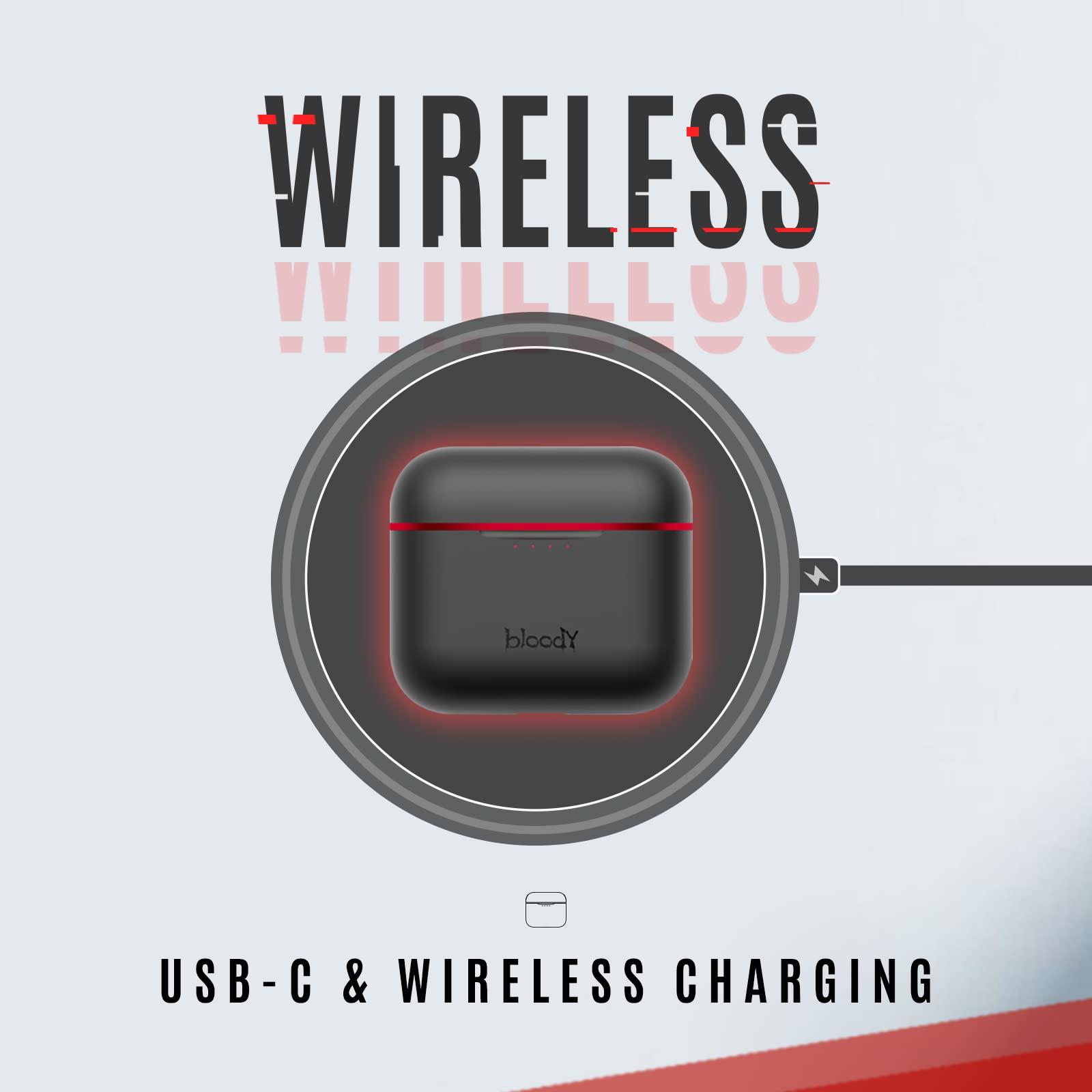 Bloody Bloody M90 TWS Active Noise Cancelling Bluetooth Gaming Earbuds, Hybrid Carbon Diaphragm, Bass Music & Low Latency Gaming Mode, Dual ENC Microphone, IPX4 Rate, with Wireless Charging Case