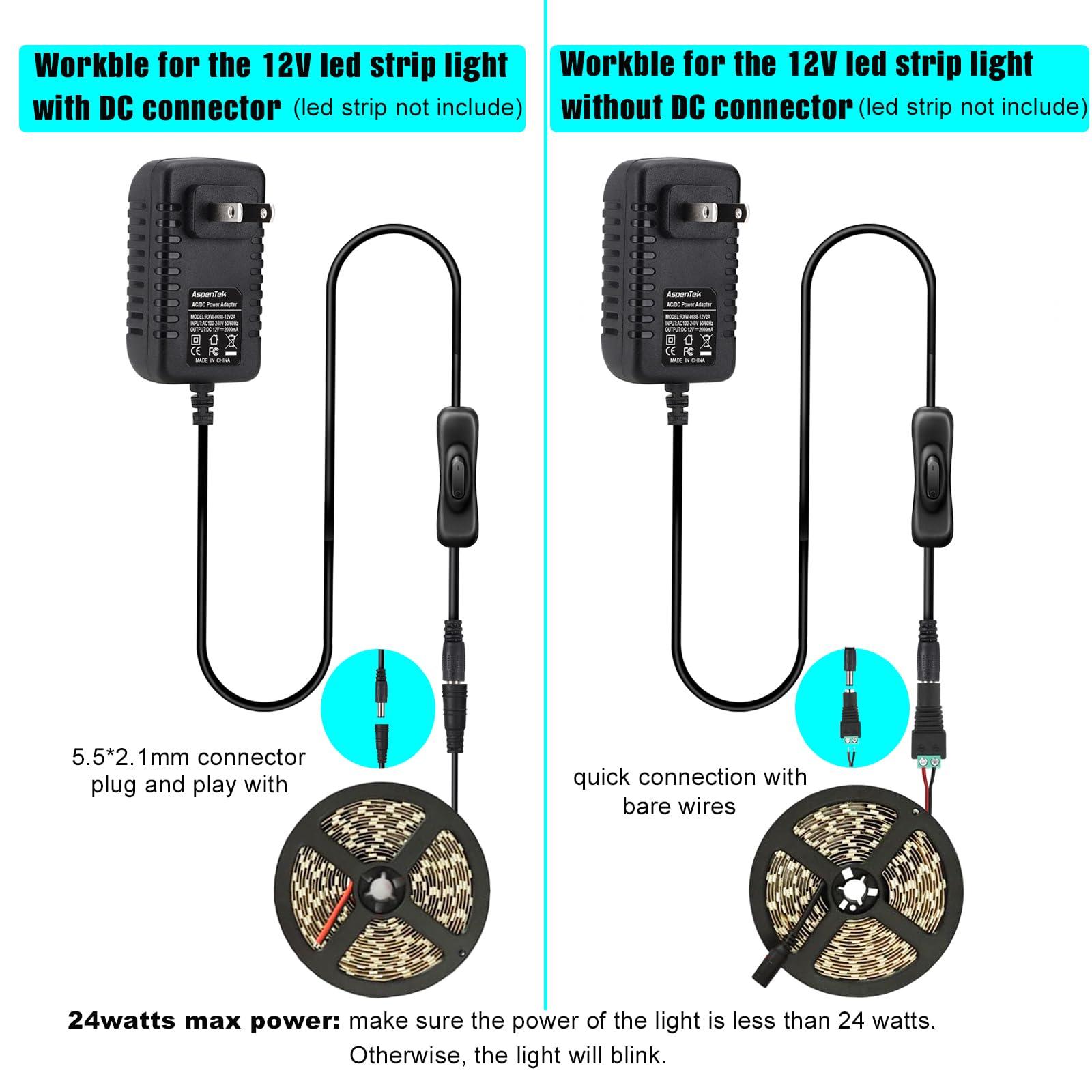 AspenTek AspenTek 12V Power Supply with Switch for Led String Light, Led Strip Light, Neon Sign, Under Cabinet Lighting, DC 12V CCTV Camera,Output 2A, 24 Watt Max