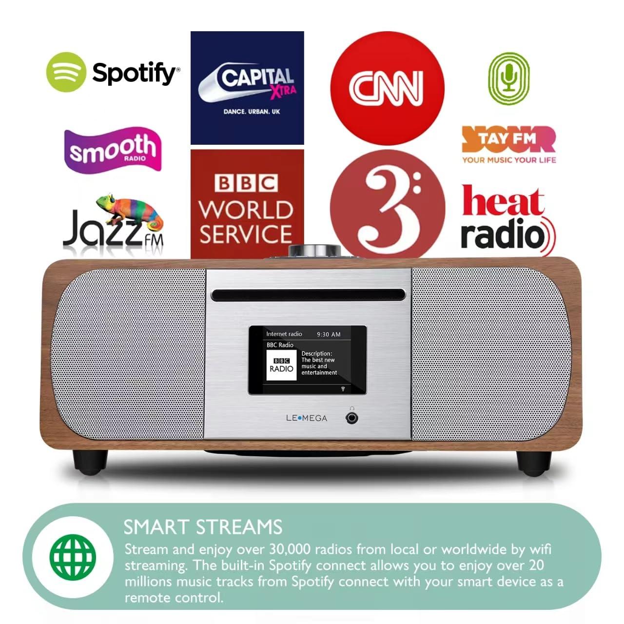 LEMEGA LEMEGA M5P Internet Radio with CD Player for Home, WiFi Radio, FM Digital Radio, Bluetooth Speaker, Spotify Connect,35W Home Stereo System,USB Player,Dual Alarms Clock, OKTIV APP Control-Dark Walnut