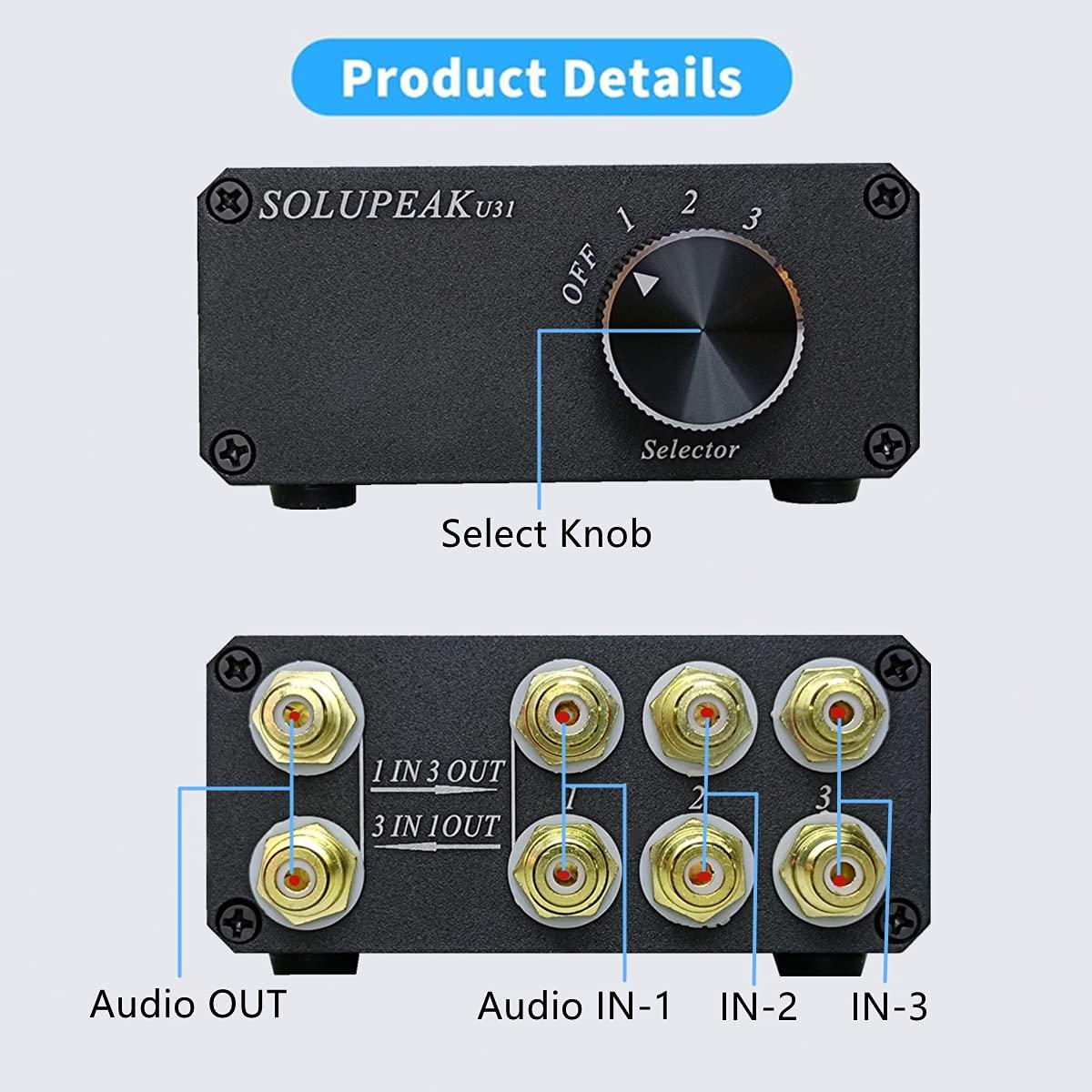 SOLUPEAK SOLUPEAK U31 Premium RCA Switch Box, 3 in 1 Out Audio Switch, Stereo Switch Box with Signal Lossless, Sturdy Aluminum case Strong Anti-Interference, Compact Connector Distributor RCA Splitter Boxes