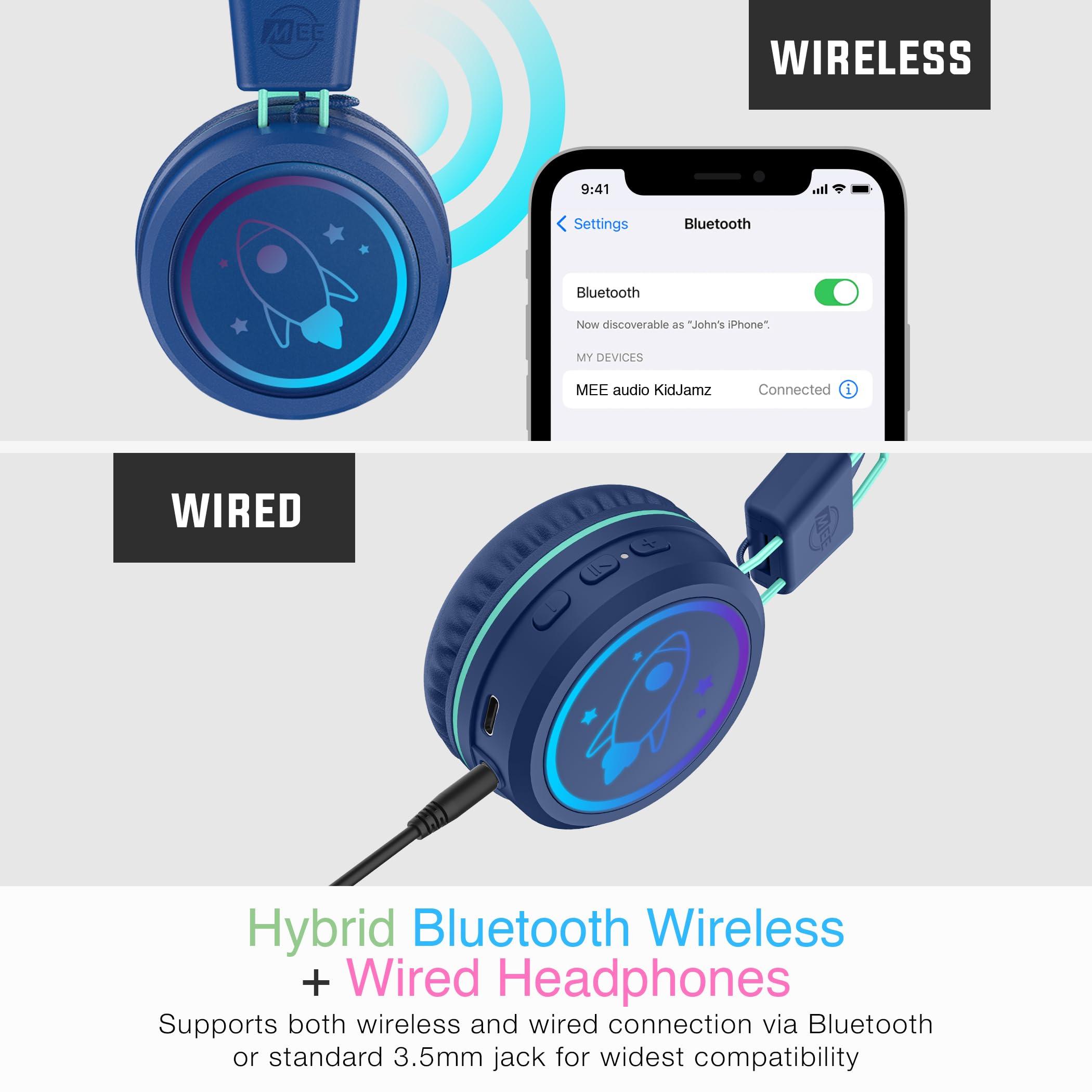 MEE audio MEE audio KidJamz KJ55BT Personalized Bluetooth Wireless Safe Listening Headphones for Kids w/Custom LED-Backlit Design, Volume Limiter, Microphone; Kids Headset for School/iPhone/iPad/Tablet (Blue)