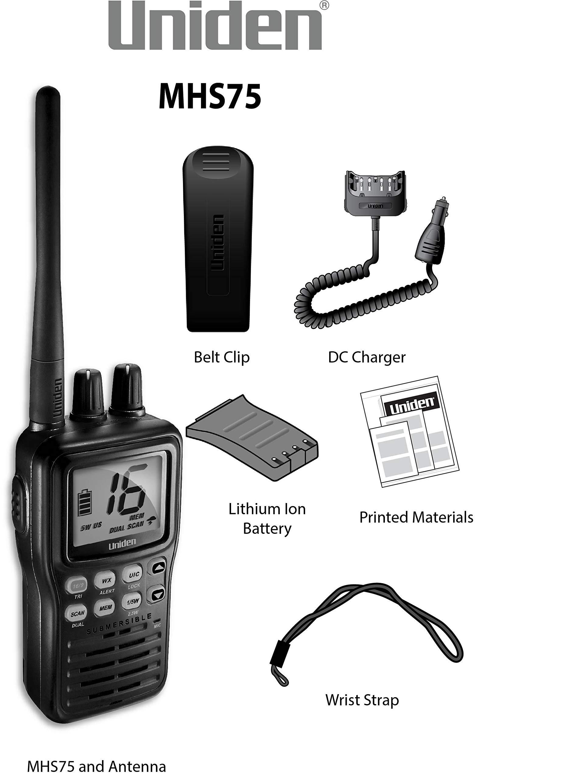 Uniden Uniden MHS75 Waterproof Handheld 2-Way VHF Marine radio, Submersible, Selectable 1/2.5/5 Watt Transmit Power. All USA/International and Canadian Marine Channels - Color Black