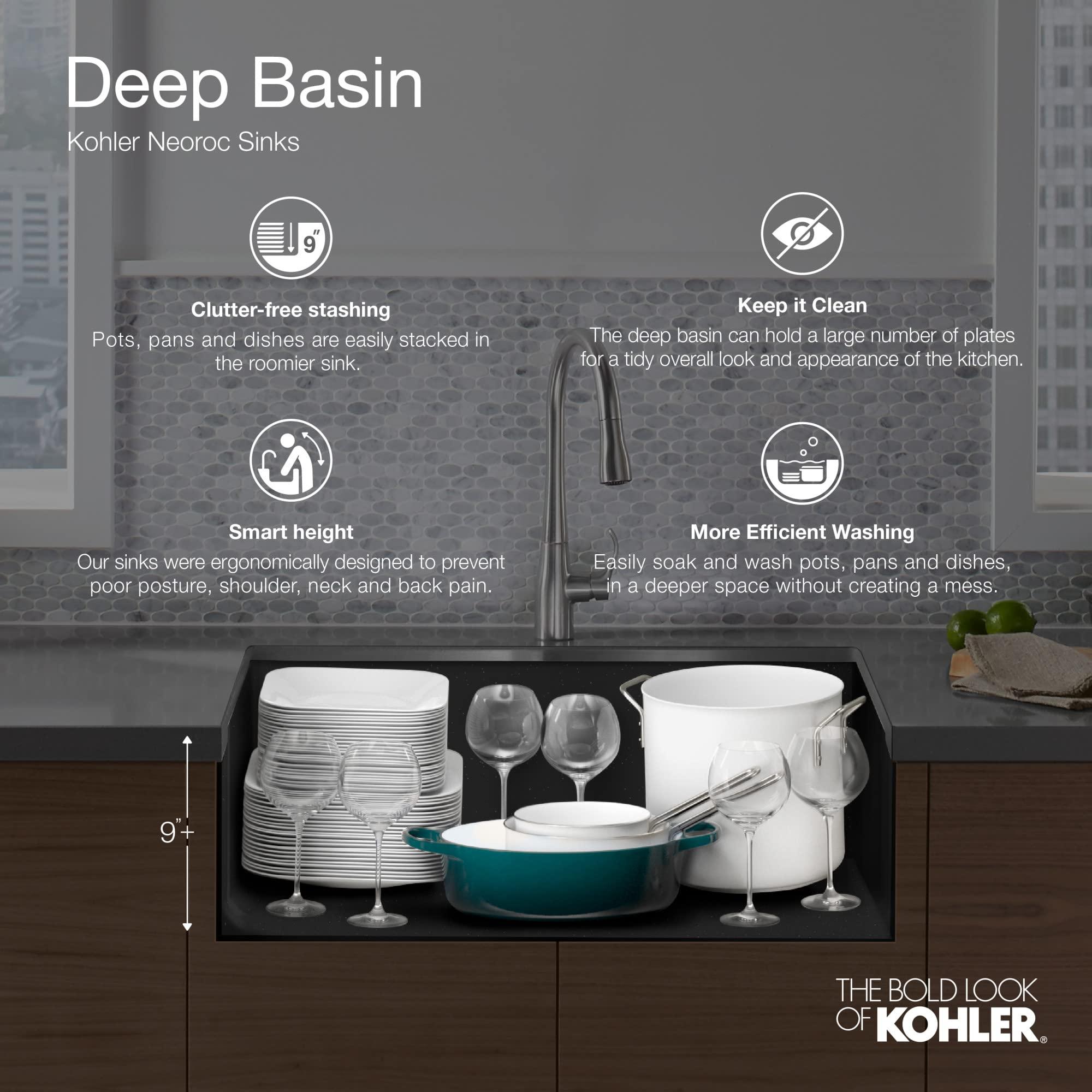 Kohler KOHLER K-8199-CM1 Cairn Sink, 33\" Neoroc Composite Undermount Double-Bowl Kitchen Sink, Composite Kitchen Sink with Sink Rack, Matte Black