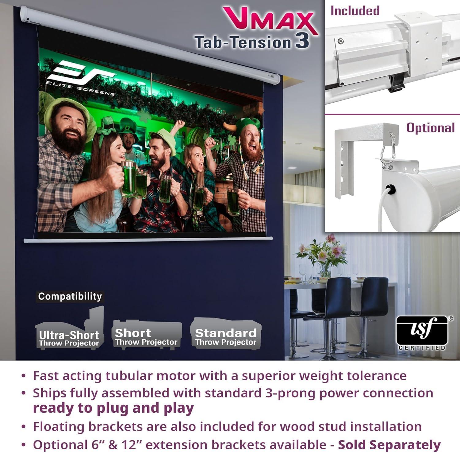 Elite Screens Elite Screens VMAX Tab Tension 3 Series, 100-INCH Electric Motorized Projector Screen Movie Home Theater Gaming, VMAXT100XWH3