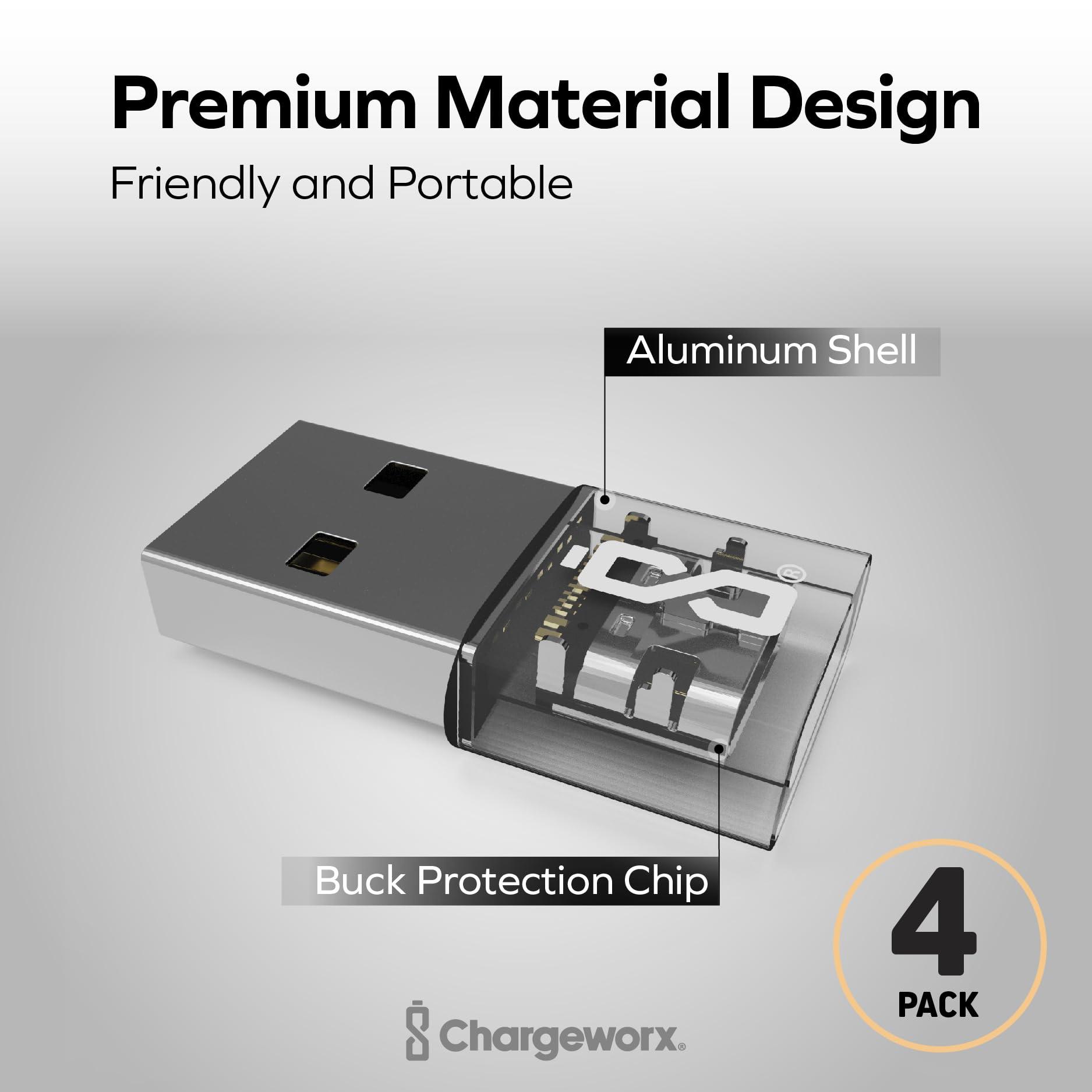CHARGEWORX CHARGEWORX USB C Female to USB Male Adapter 4-Pack, Type C to USB A Charger Cable Converter, Compatible with iPhone 16,15,14,13,12 Series, iPad Pro,Air 4 Mini 7, Samsung Galaxy S25,S24,S23,S22 Series