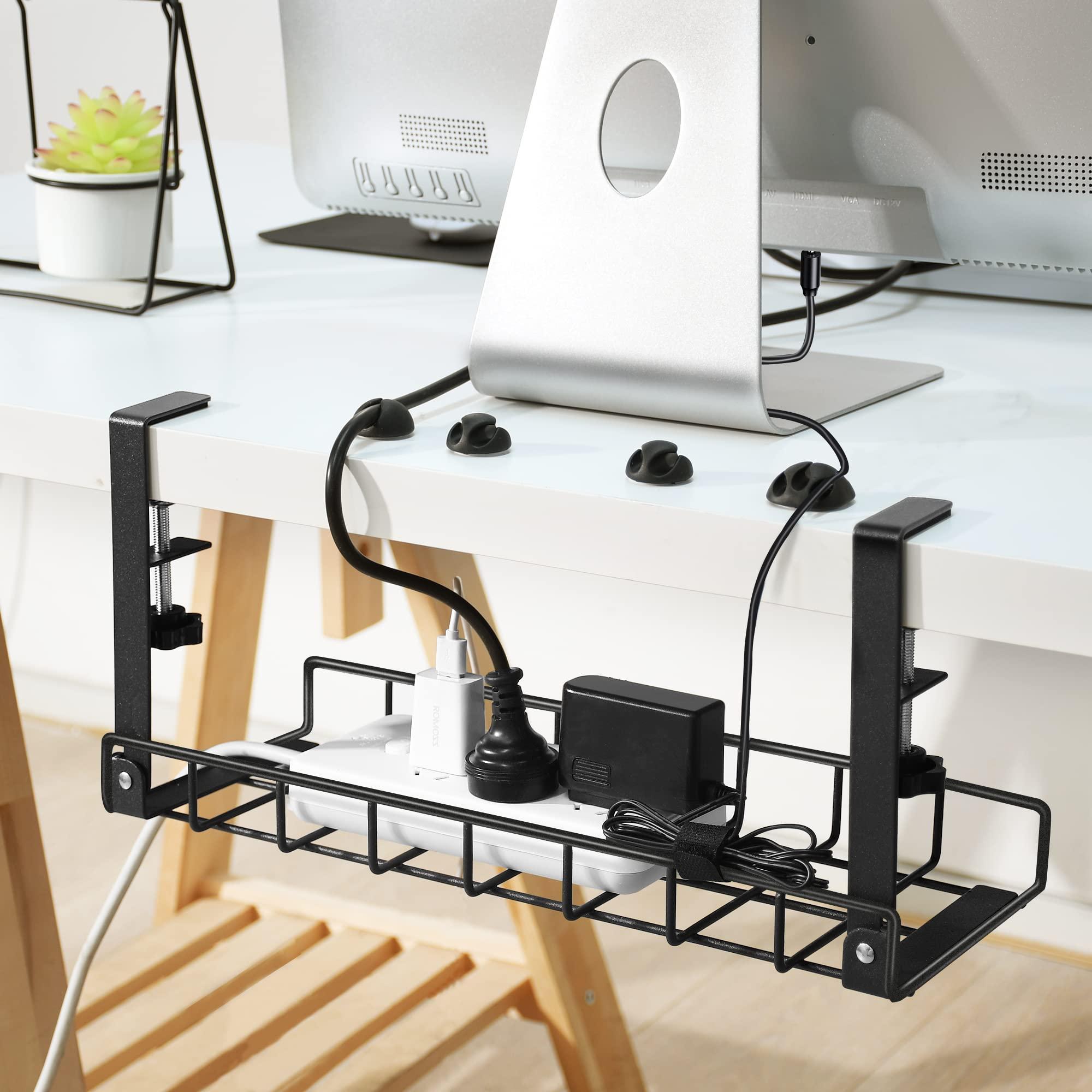 Xpatee Under Desk Cable Management Tray, Xpatee Upgraded Wire Management No Drill No Screws, Cable Tray with Clamp for Desk Wire Management, Computer Cable Rack for Office, Home - No Damage to Desk Black
