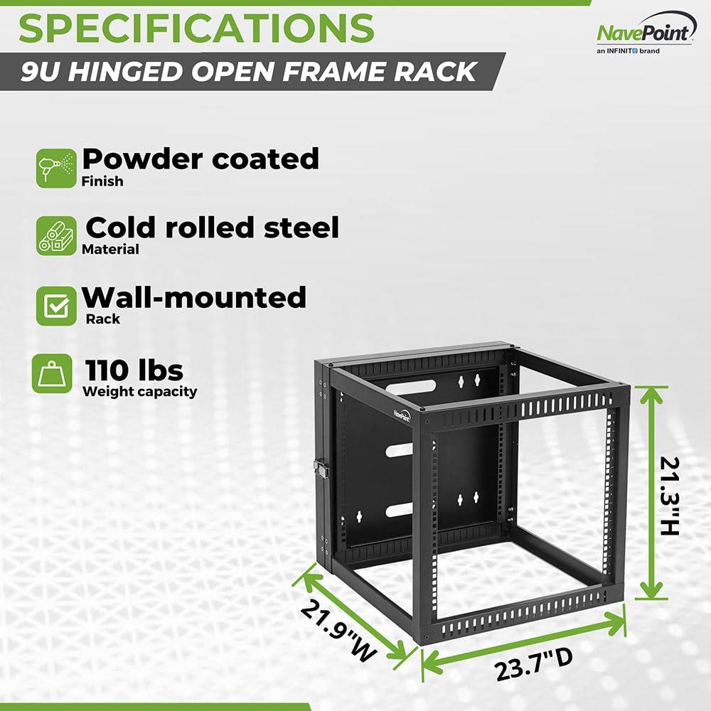NavePoint NavePoint 9U Wall Mount Server Rack with Hinged Back, 4-Post 24 Deep, Rear Swing Frame 9U Network Rack Wall Mount for 19 Inch Equipment AV IT Easy Cable Management, Black