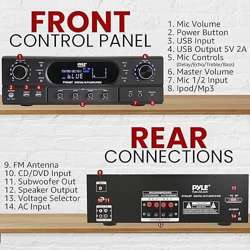 Pyle Pyle Bluetooth Home Theater Receiver Amplifier - 180W Peak Power Amp w/Treble, Bass, Echo Control, MP3/USB/FM, Dual Channel Audio Stereo System for Home Streaming Entertainment, Karaoke, Professional