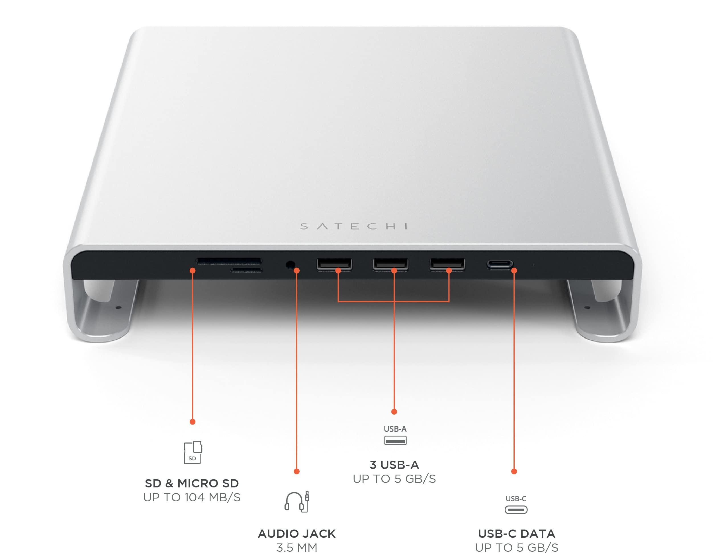 Satechi Satechi Type-C Aluminum Monitor Stand Hub with USB-C Data, USB 3.0, Micro/SD Card Slots & 3.5mm Headphone Jack - For Apple Studio Display, iMac M1, iMac, iMac Pro (Silver)