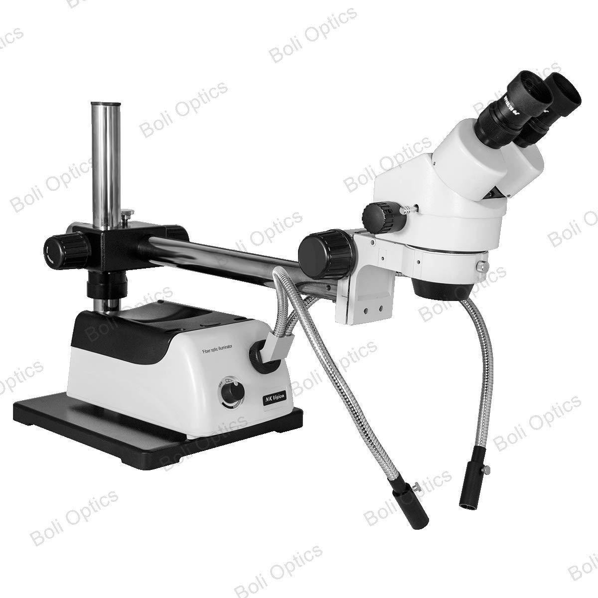 BoliOptics 7X-45X Binocular Zoom Stereo Microscope Dual Gooseneck Dual Fiber Optic Light Box Boom Stand Professional Industrial 76mm Focus Rack SZ02010423 BoliOptics