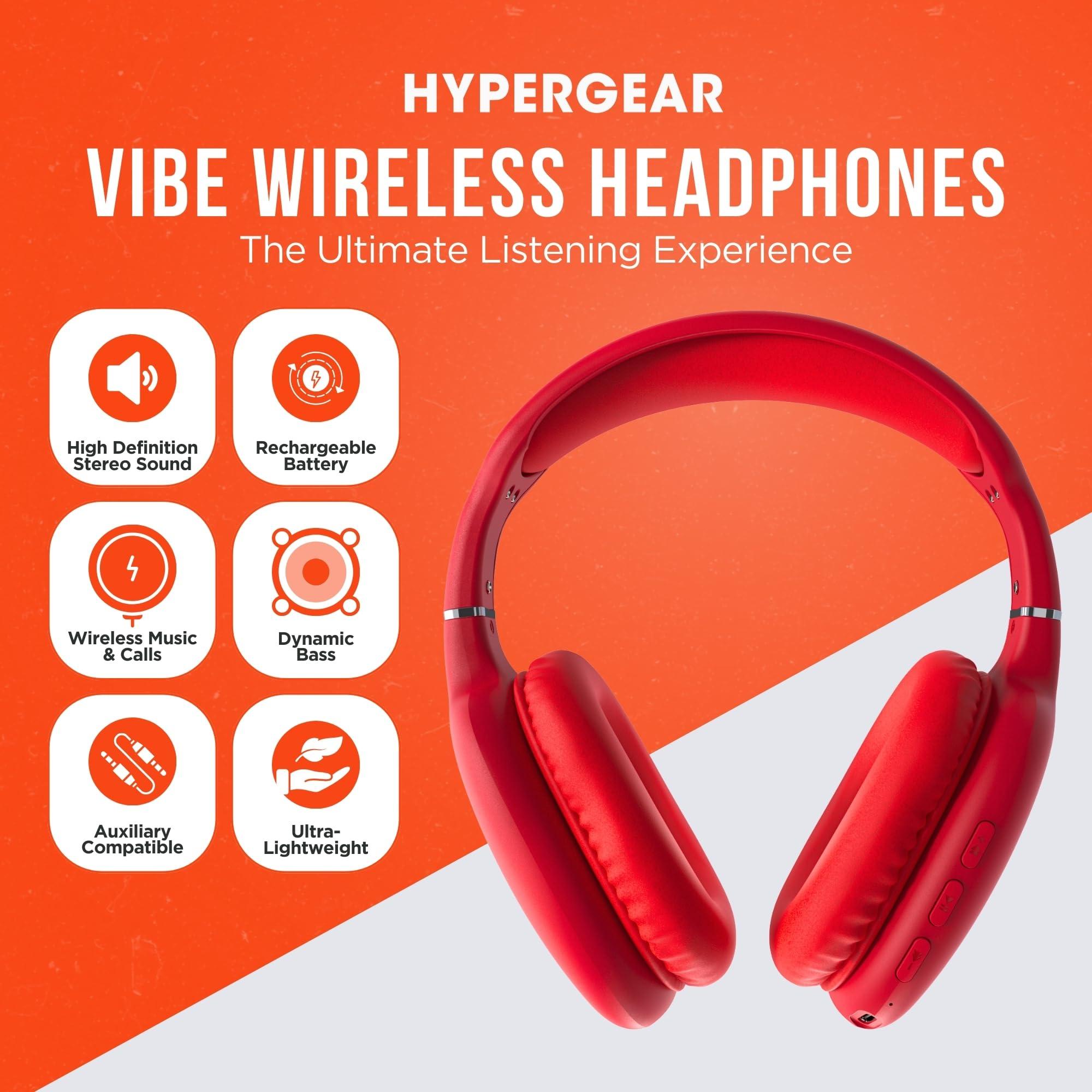 HyperGear HyperGear Vibe Bluetooth Wireless Headphones - Over-Ear Headphones Wireless with Noise Isolating Fit, Built-in Mic & Controls, Memory Foam Ear Cups for Travel, Home Office, Gym & More - Red