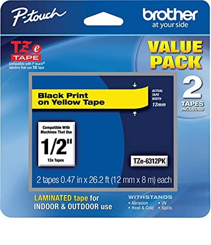 Brother Brother Genuine P-Touch, TZe-6312Pk Tape ½” (12mm) 2-Pack Laminated P-Touch Tape, Black On Yellow Perfect for Indoor Or Outdoor Use, Water Resistant, 26.2 Ft. (8M)