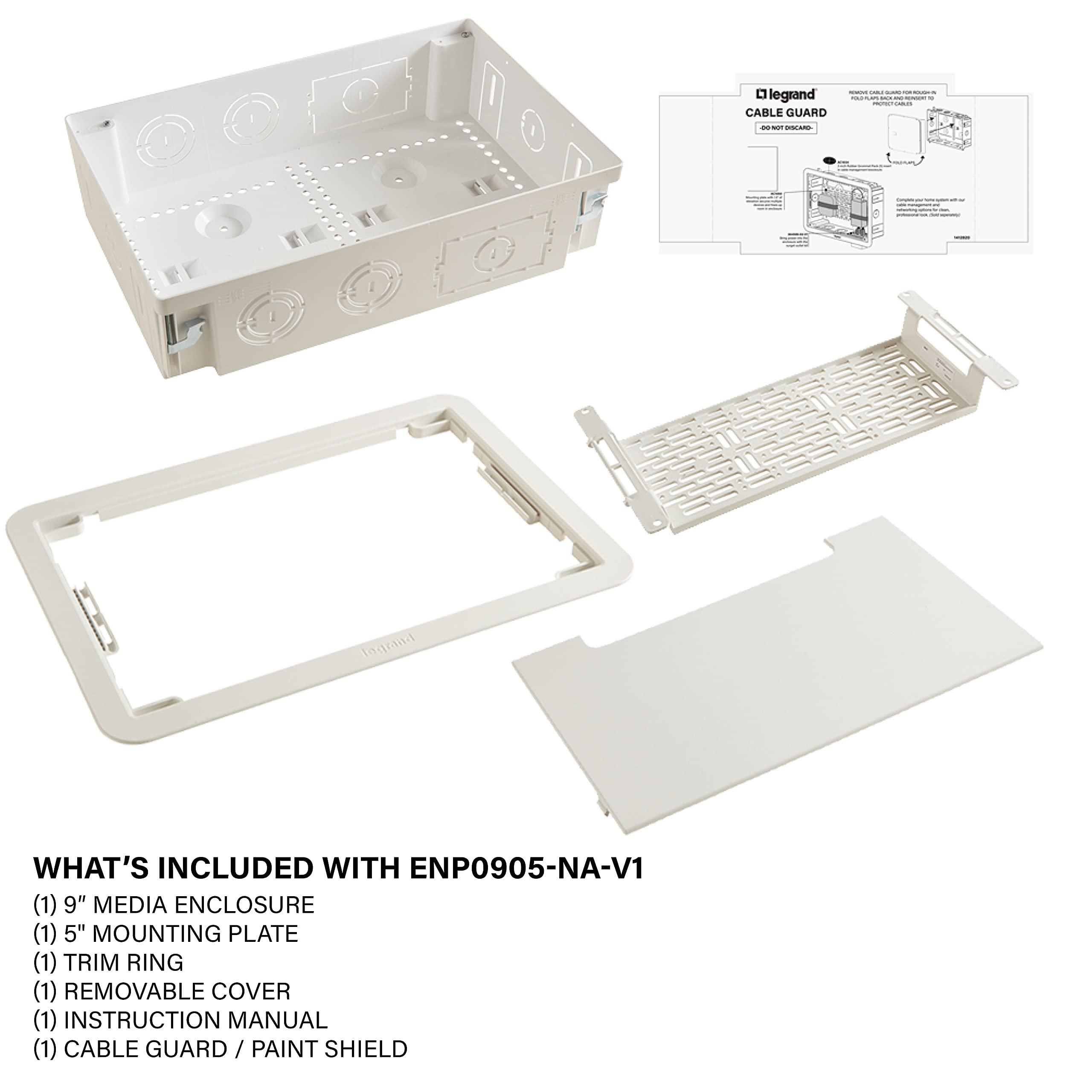 On-Q Legrand - OnQ 9 In. Media Enclosure, Wall Cable Management to Organize System Devices, Home Networking Panel Dual Purpose In Wall Enclosure for Device Storage, Media Box, White, ENP0905NAV1