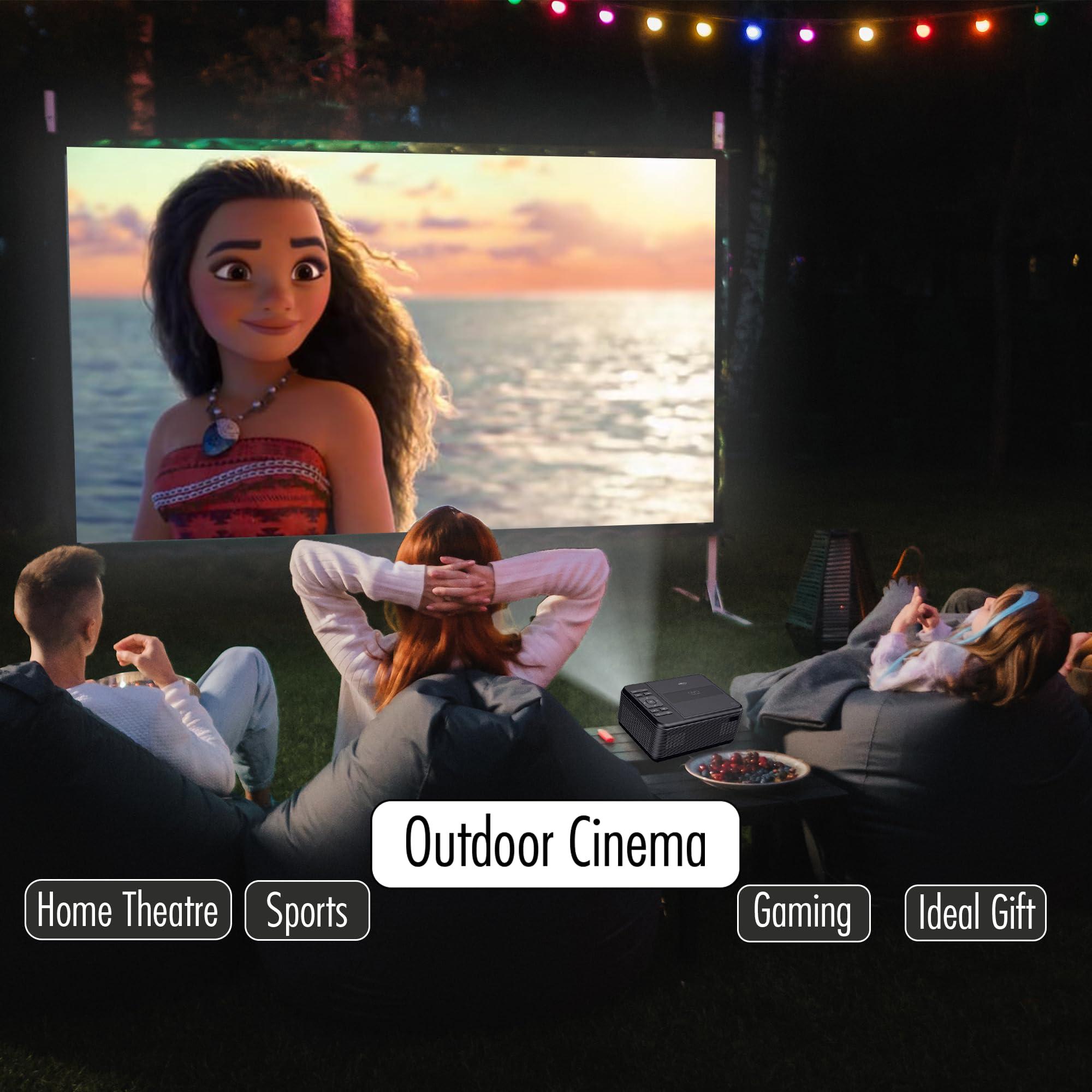 RCA RCA DVD PROJECTOR WITH SPEAKER BUILT IN - Mini Portable Projector with Bluetooth - Indoor/Outdoor Projector and Screen Package - HDMI/AV/VGA/Micro SD Compatible - Quiet Fan System - 1920x1080 Res