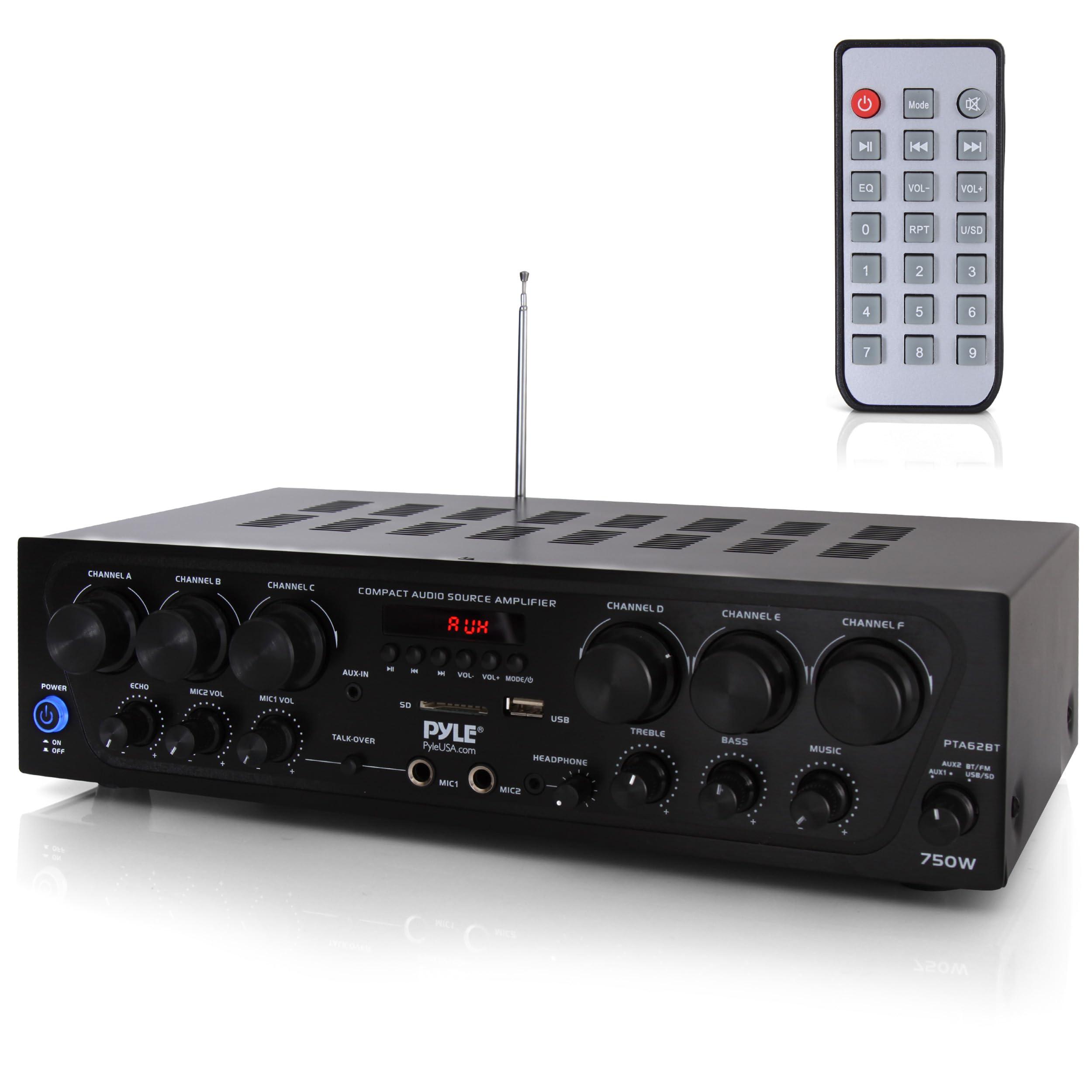 Pyle Pyle Wireless Bluetooth Home Audio Amplifier System-Upgraded 6 Channel 750 Watt Sound Power Stereo Receiver w/USB, Micro SD, Headphone,2 Microphone Input w/Echo, Talkover for PA - PTA62BT.5