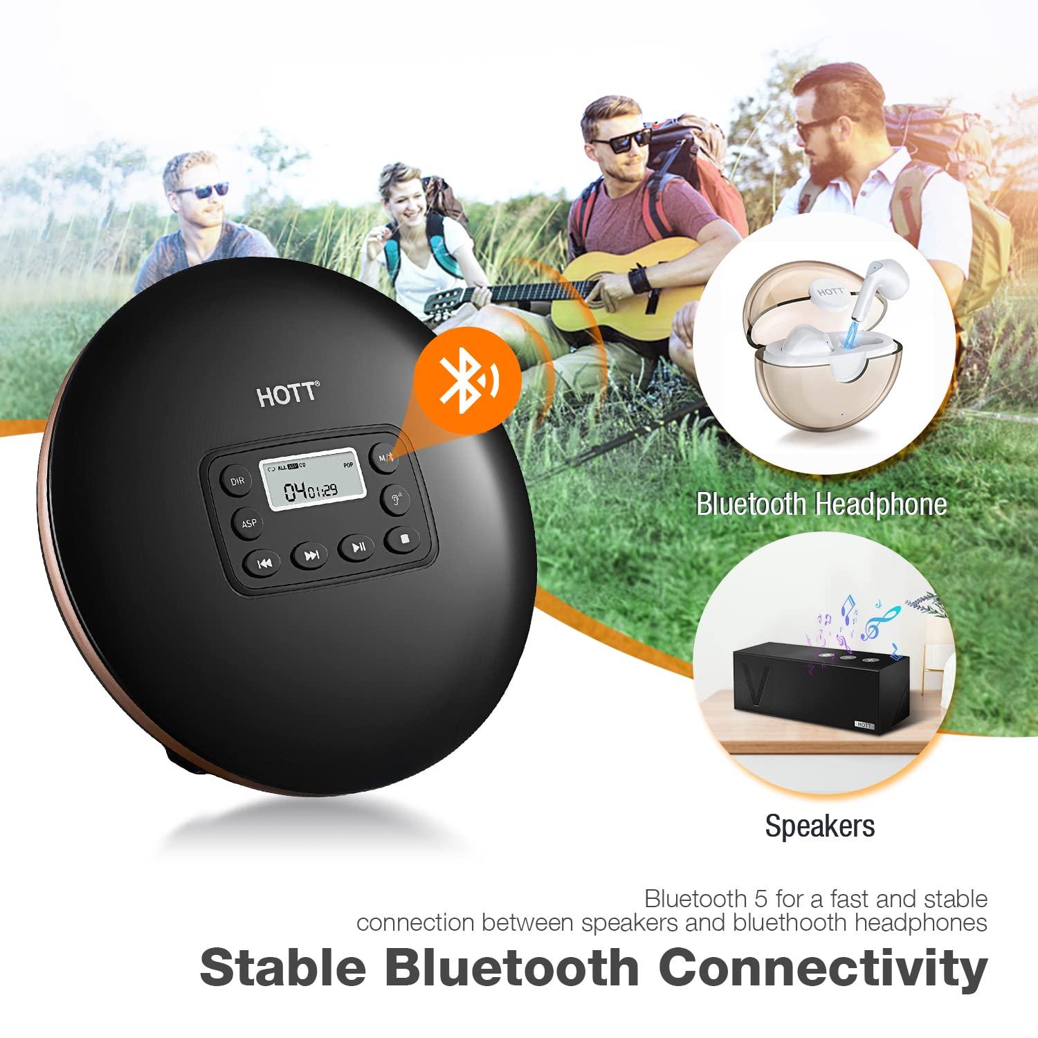 HOTT HOTT CD711T Bluetooth Rechargeable Portable CD Player for Home Travel and Car with Stereo Headphones and, Anti Shock Protection-Black
