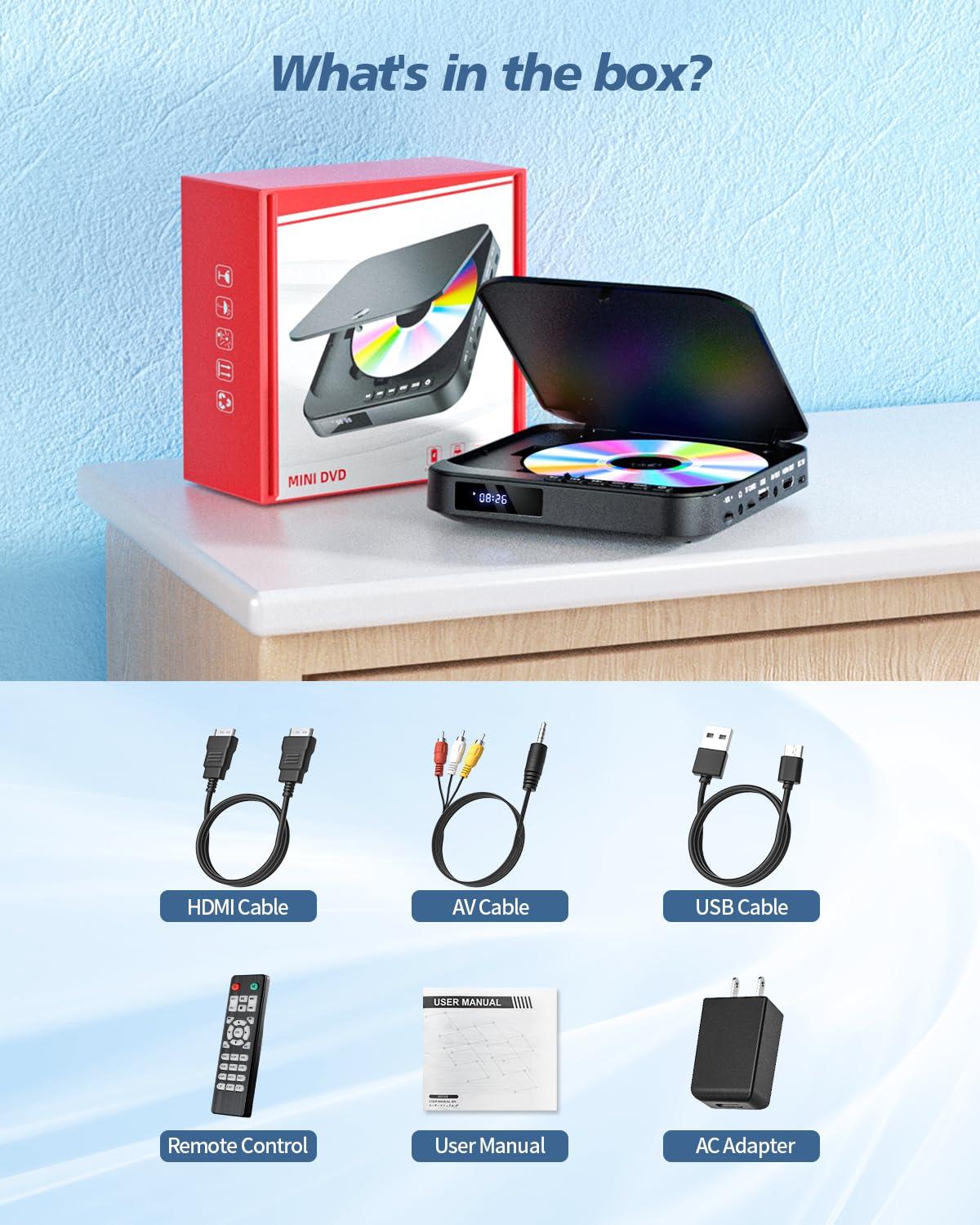 Desobry DESOBRY Mini DVD Player - 1080P HD Compact Player for TVs with HDMI, All Region Free, CD/DVD, USB/TF Card, Remote Control, PAL/NTSC Support