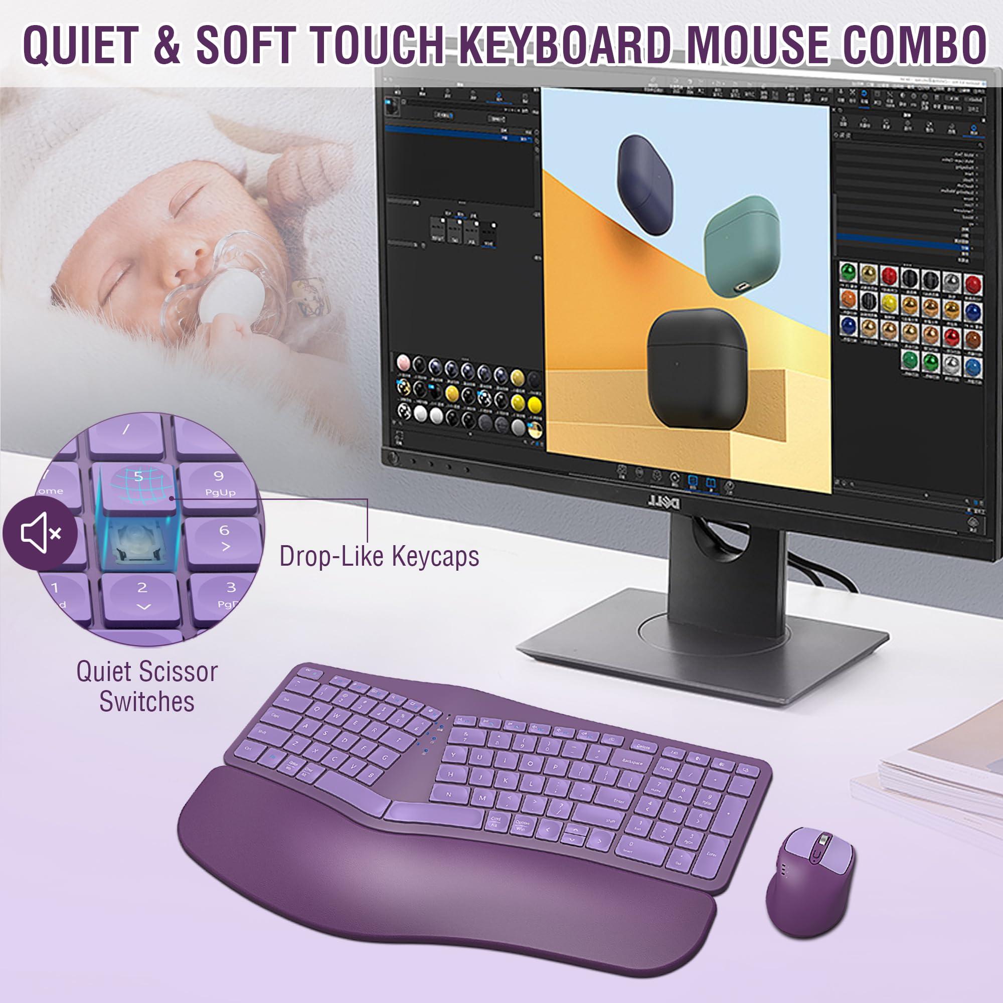 EDJO Ergonomic Wireless Keyboard Mouse Combo, EDJO Bluetooth/2.4G Dual Channel, Split Design, Soft Foam Palm Rest, 4 Level DPI Adjustable Wireless Mouse, Rechargeable, for Windows/Mac/Android(Purple)