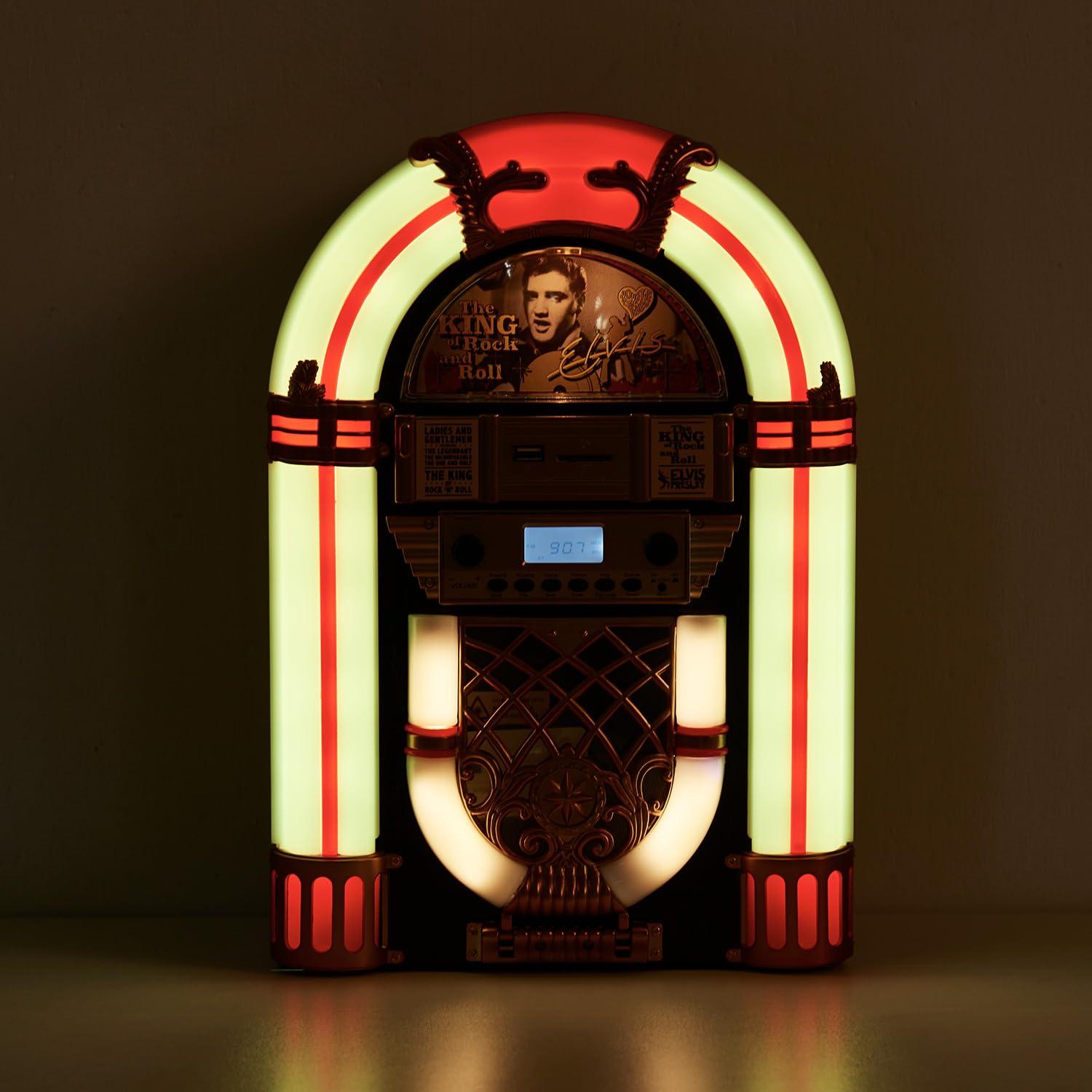 Elvis Presley Arkrocket x Elvis Presley Mini Jukebox/Tabletop CD Player/Bluetooth Speaker/Radio/USB and SD Card Player with Retro LED Lighting System (Limitied Edition), Black Gloden