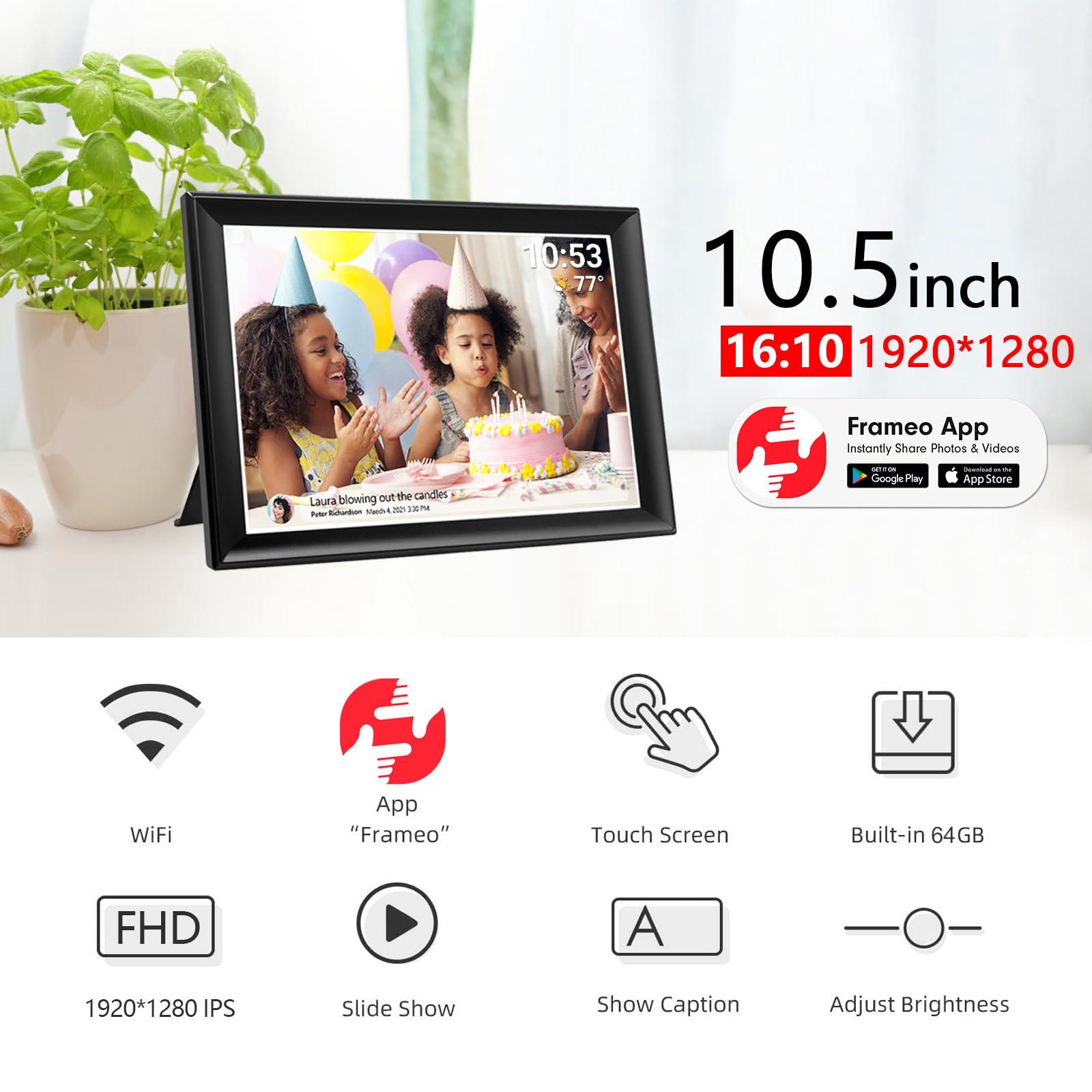 akimart 64GB FRAMEO 10.5 Inch Smart WiFi Digital Photo Frame 1920x1280 FHD IPS LCD Touch Screen, Auto-Rotate, 64GB Storage, Support SD Card & USB Drive, Share Moments Instantly via Frameo App from Anywhere