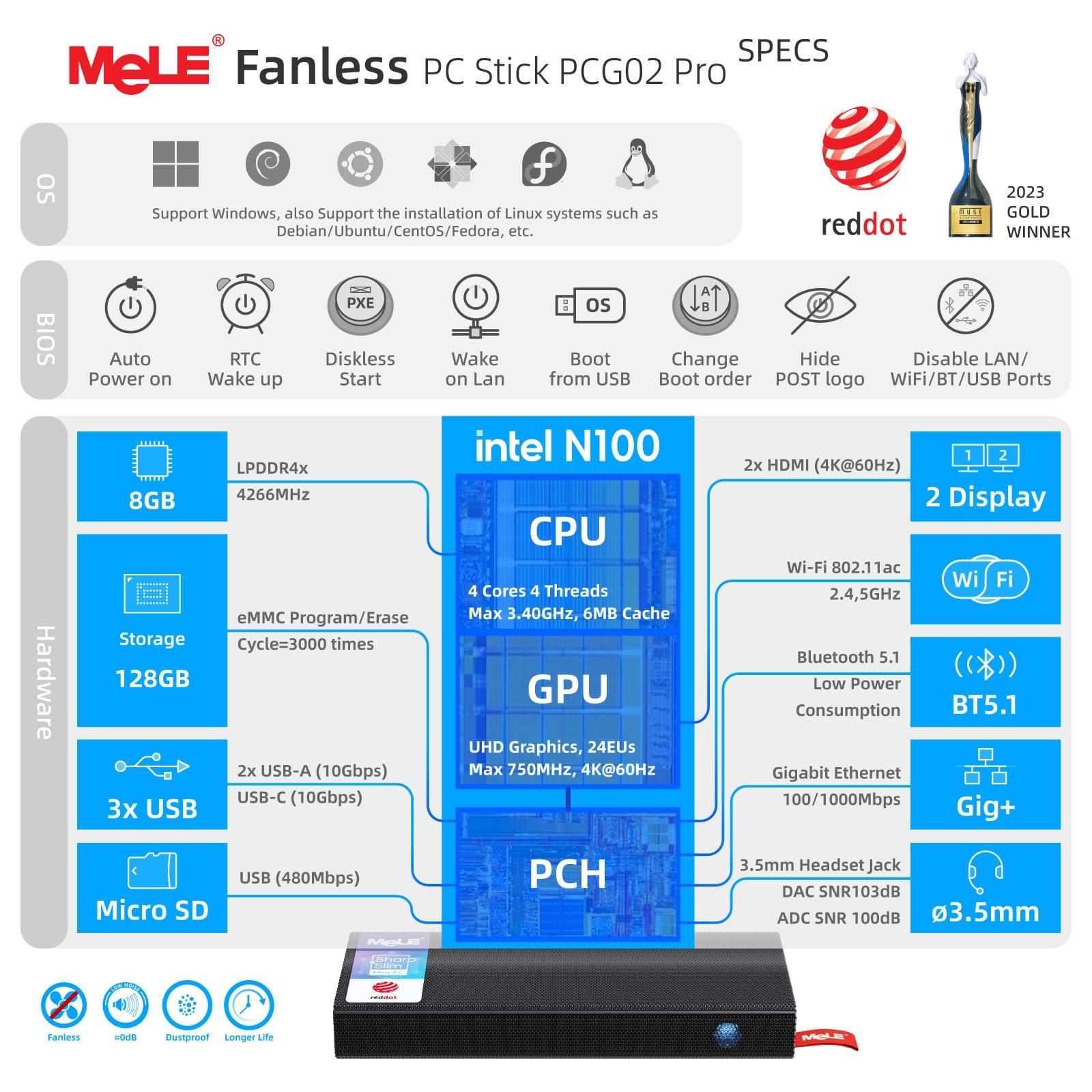 MeLE MeLE Reddot Winner PCG02 Pro Fanless N100 Mini PC Stick 8GB LPDDR4x 128GB eMMC Micro Computer 2X HDMI 4K WiFi 5 BT5.1 Gigabit Ethernet, Support PD3.0 Protocol, on IoT, NAS, Digital Signage, MES, WMS