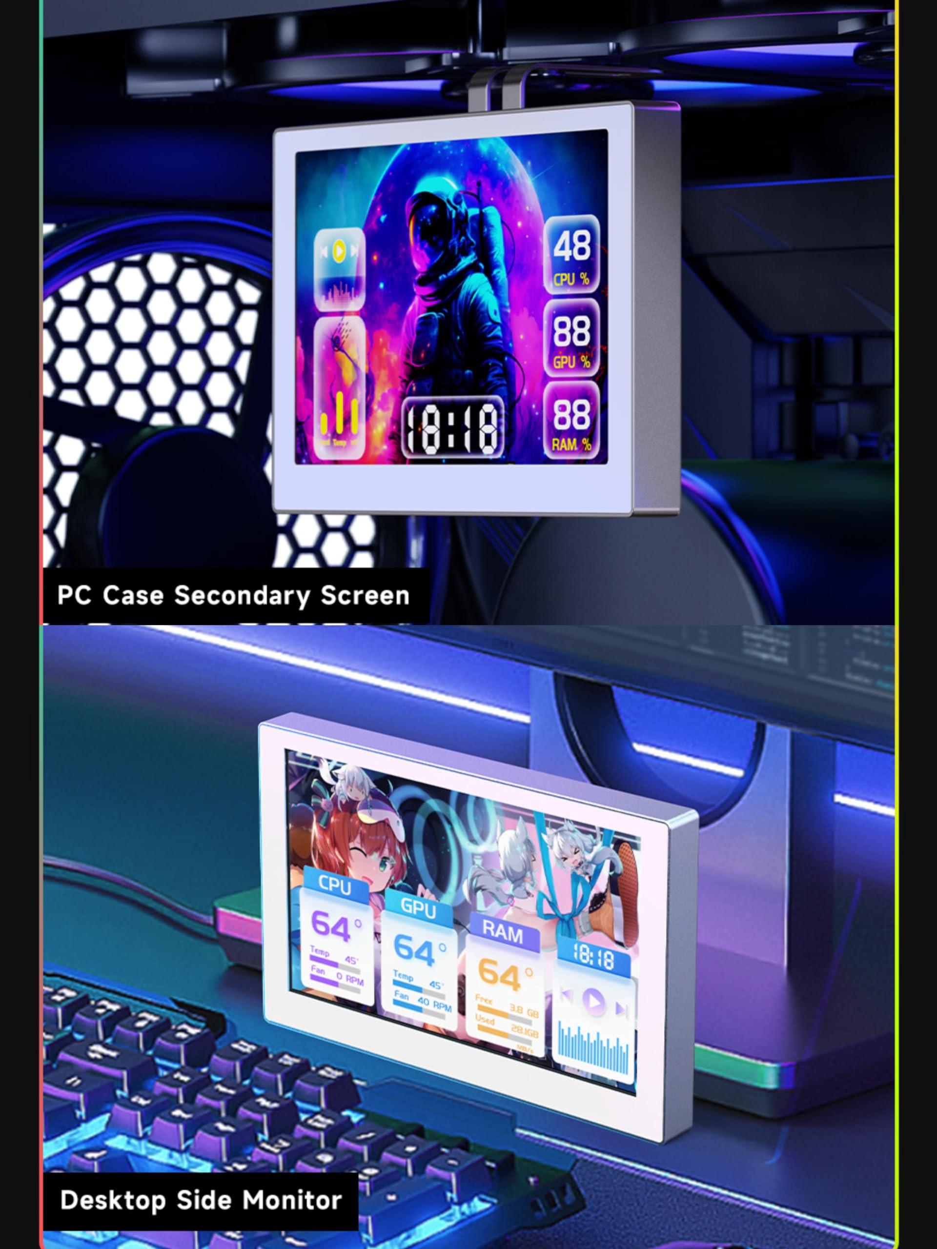 waveshare waveshare 5inch USB Monitor IPS Panel 800x480 Resolution, PC Case Secondary Screen/Desktop RGB Ambient Screen Supports Music Spectrum Analysis Function CNC Metal Case Type-C Interface, Silver