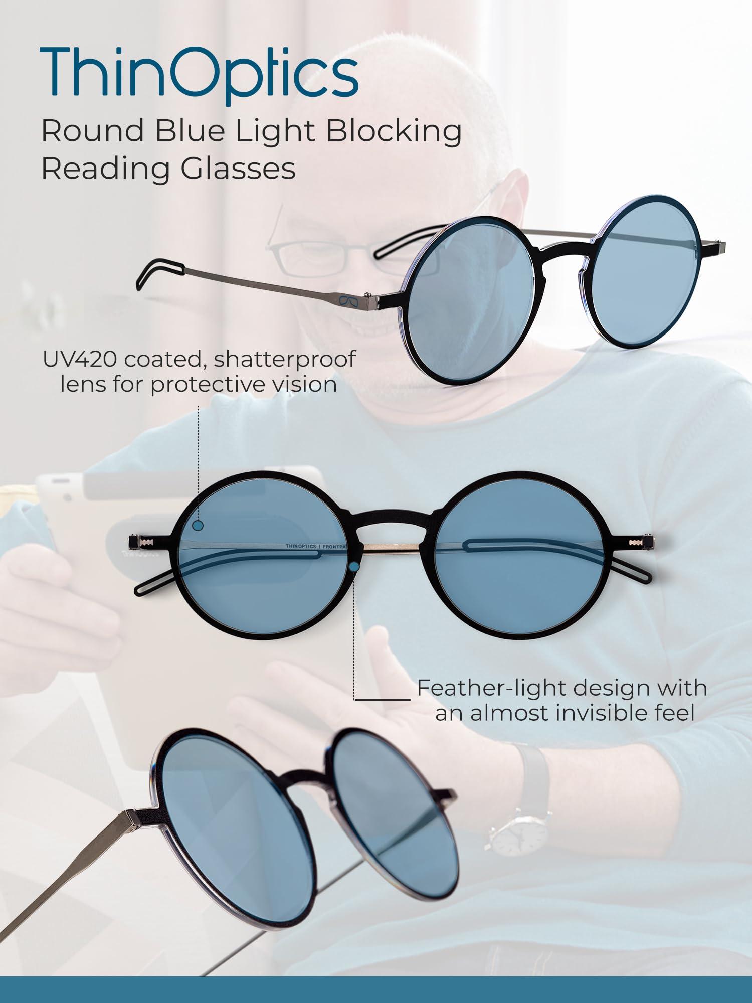 Always With You Always With You ThinOptics Blue Light Blocking Reading Glasses for Computers & Screens - Ultra Lightweight and Durable - Round Clear 2.0x