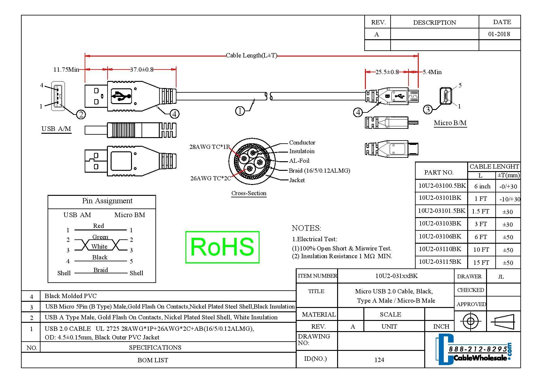 MIZAR CableWholesale Micro USB 2.0 Cable, 3 ft, Black, A Male to Micro B, High Speed USB Cable