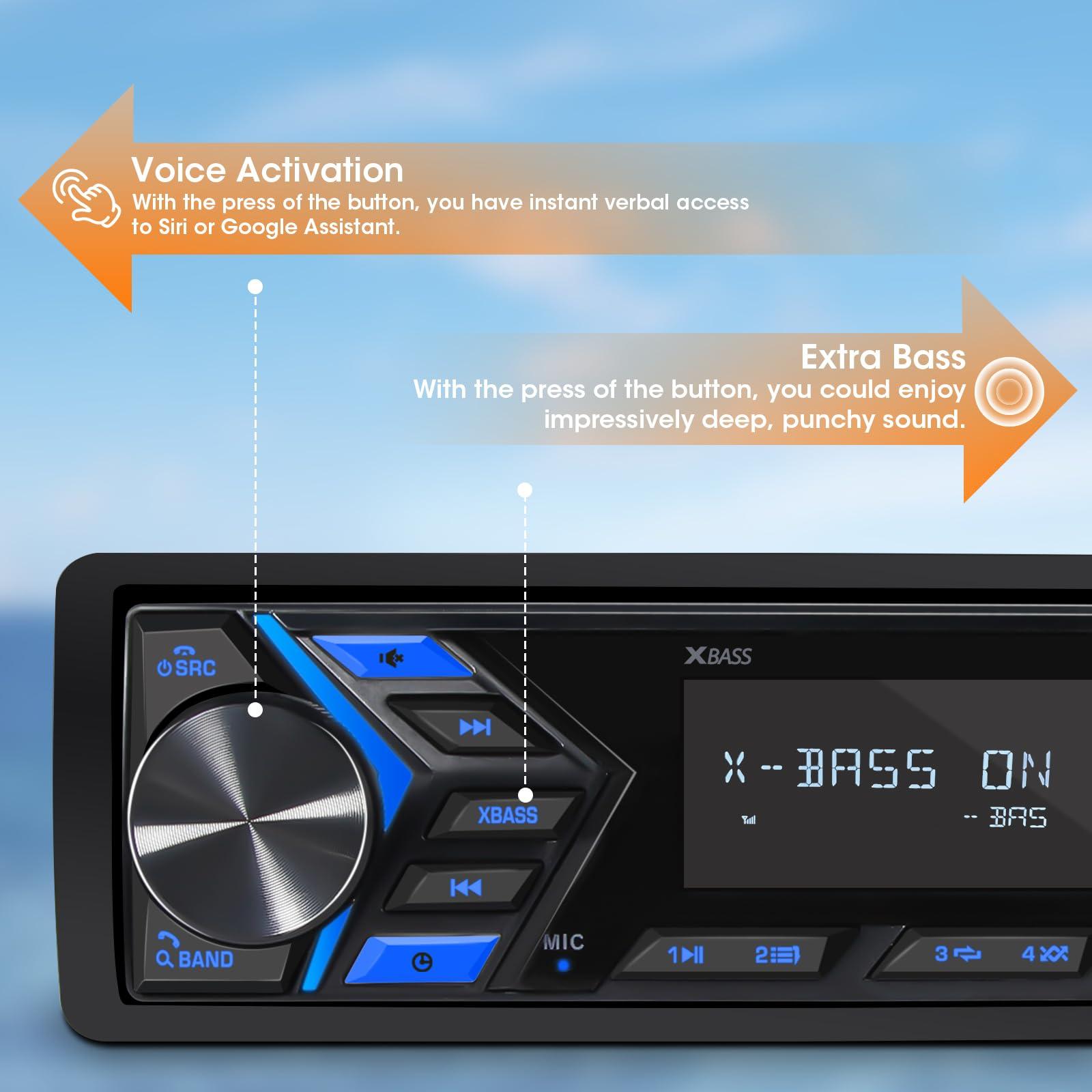 VOXXBASS Bluetooth Marine Stereo Single Din - Boat Radio Receiver - Digital LCD Screen AM FM USB 2.1 A Charging AUX-in 4 Volts Preamp Outputs 2 Subwoofer Ports Remote Control